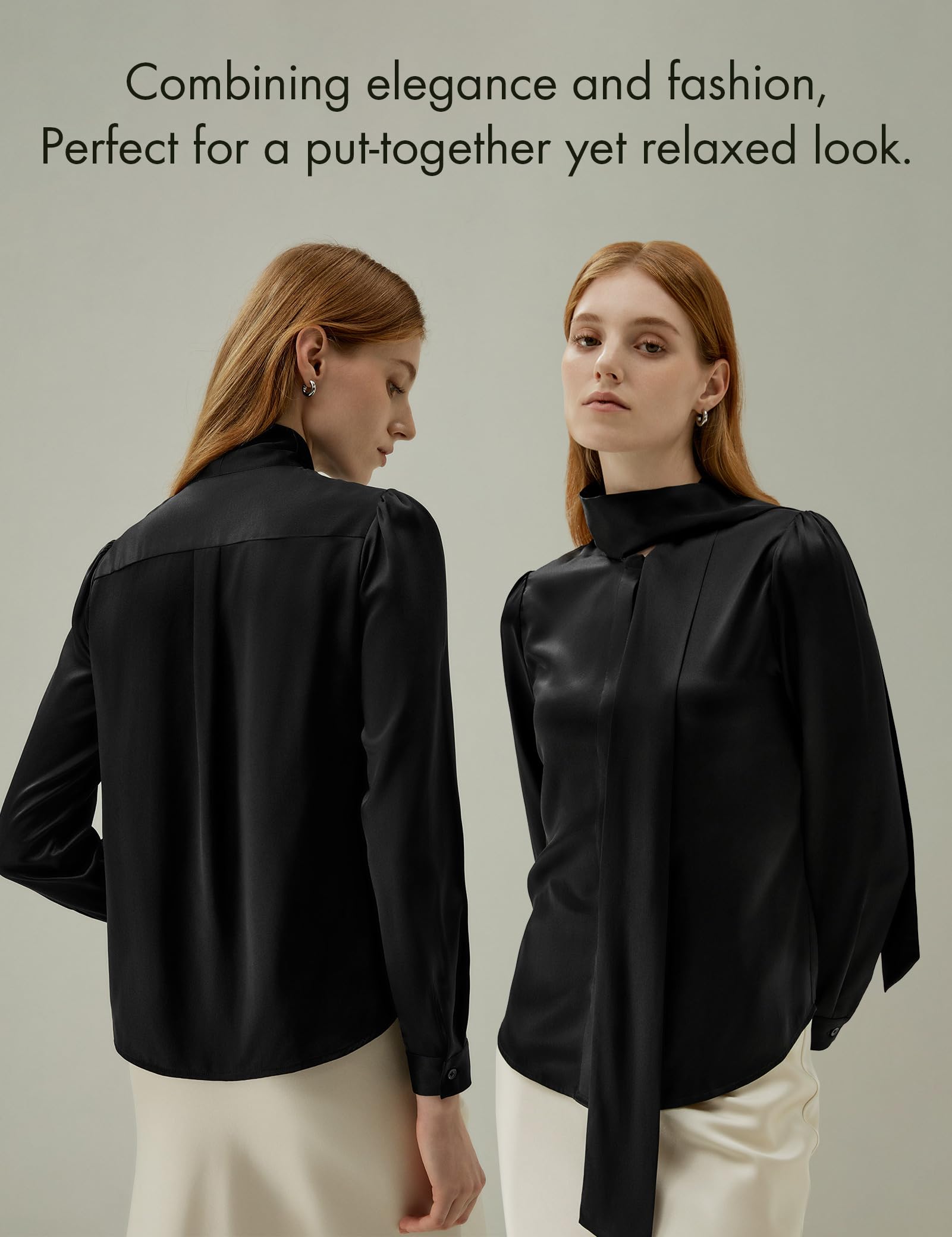 LilySilk Women's Vintage Bow Tie Neck Long Sleeve Silk Blouse - 100% Pure Silk Button Down Shirt for Office, Date Night & Special Occasions