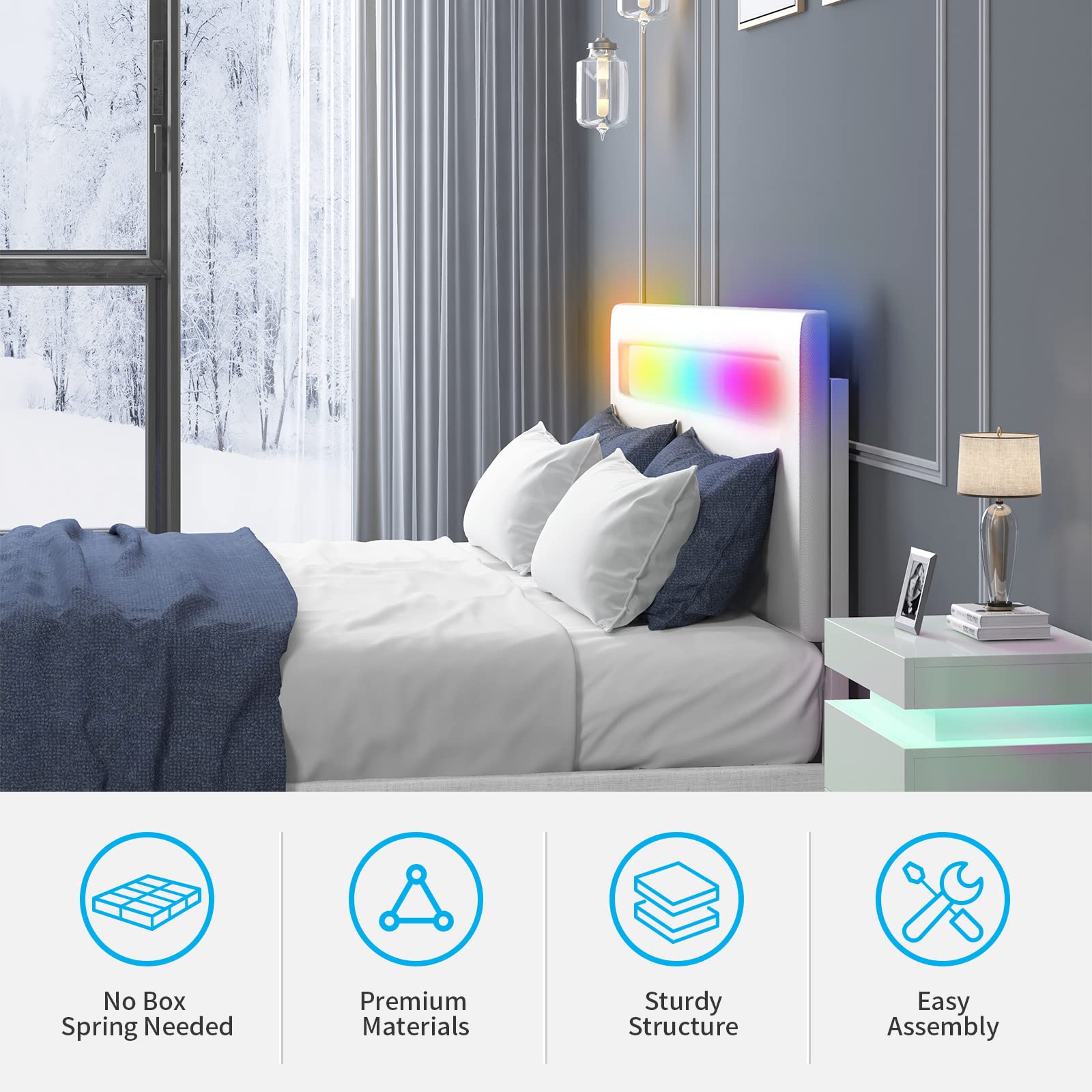 Smart RGB LED Platform Bed Frame Queen Size - Adjustable Headboard, Alexa & App Compatible, No Box Spring Needed - White | Modern Bedroom Lighting for Smart Homes & Gaming Setups