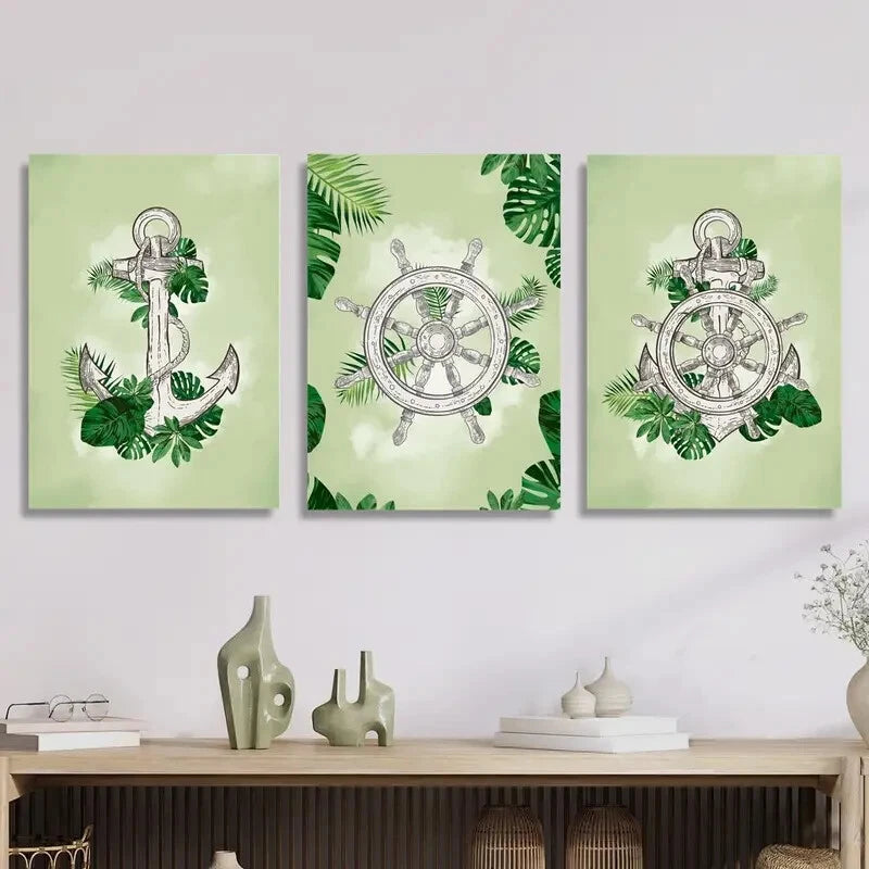 3-Piece Helm and Anchor on Plant Leaves Metal Wall Art - Ready to Hang Nautical Decor for Living Room, Bedroom, or Office