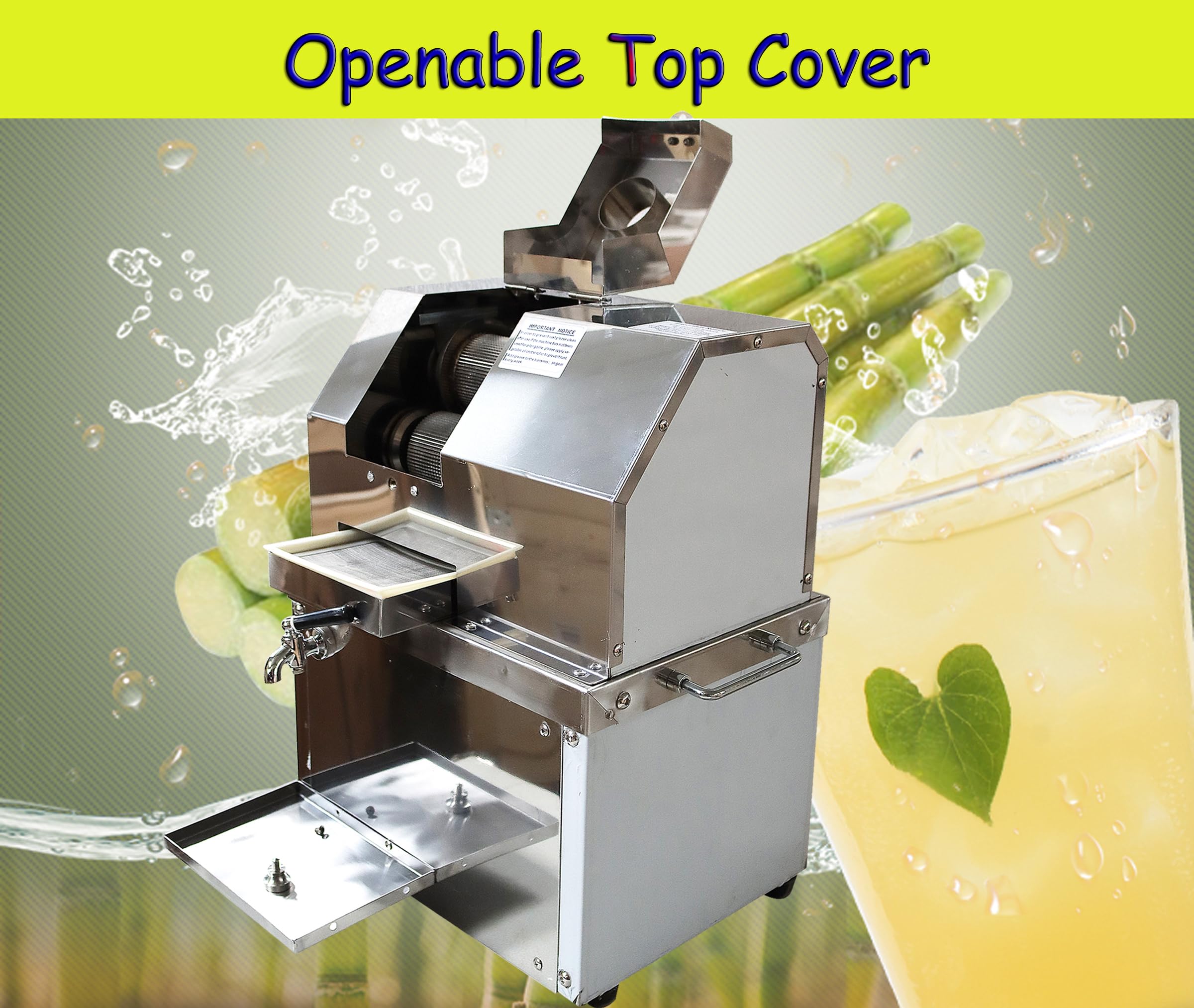 Electric Sugar Cane Juicer Machine - 110V Commercial Stainless Steel Sugarcane Press Extractor with 3 Rollers & Openable Top Cover | Perfect for Juice Bars, Restaurants, and Home Use | Sweet Sorghum Juice Extraction