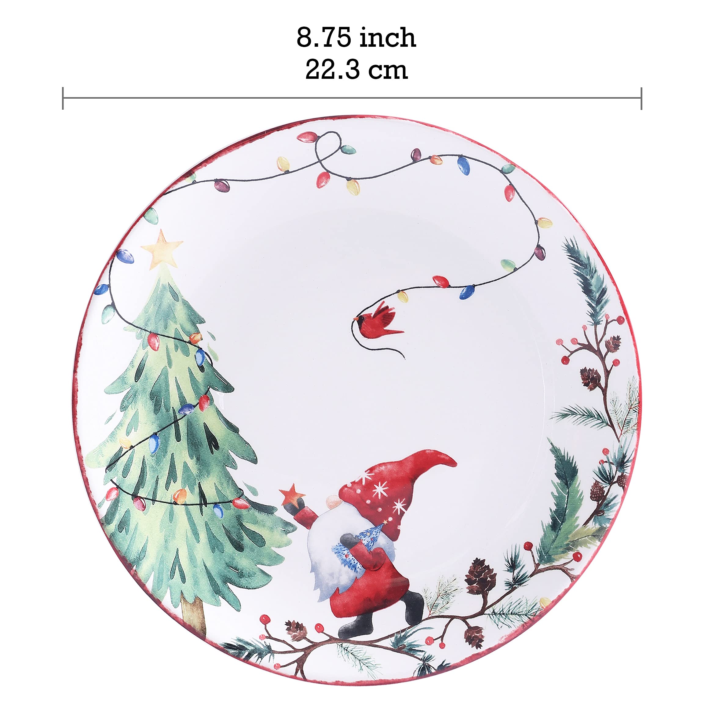 Bico Christmas Gnomes Ceramic Salad Plates - 8.75 Inch Set of 4 - Microwave & Dishwasher Safe Appetizer Dishes - Perfect for Holiday Parties, Family Dinners & Festive Decor