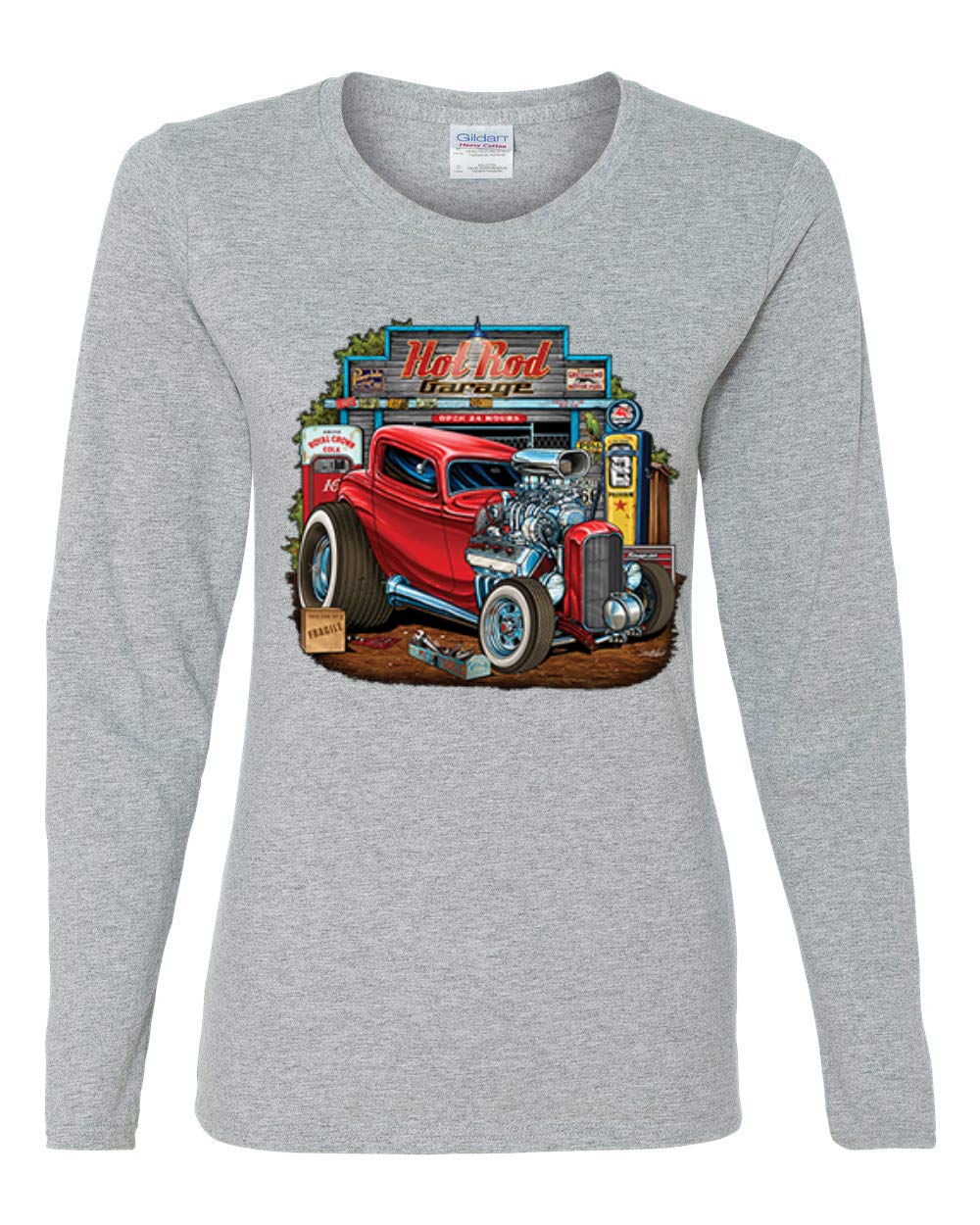 Vintage Hot Rod Old Garage Cars & Trucks Women's Graphic Long Sleeve T-Shirt - Retro Automotive Tee for Casual Wear, Car Enthusiast Outfits & Vintage Style Fashion