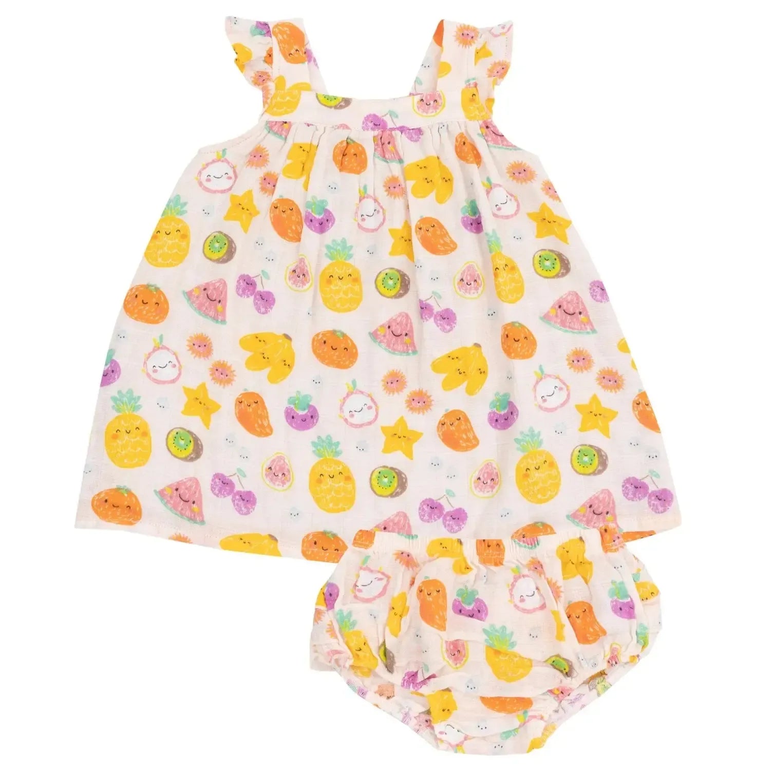 Angel Dear Organic Ruffle Sleeve Baby Dress with Bloomer Set - Tropical Fruit Print - Soft Cotton Outfit for Girls' Photoshoot, Birthday Party & Special Occasions