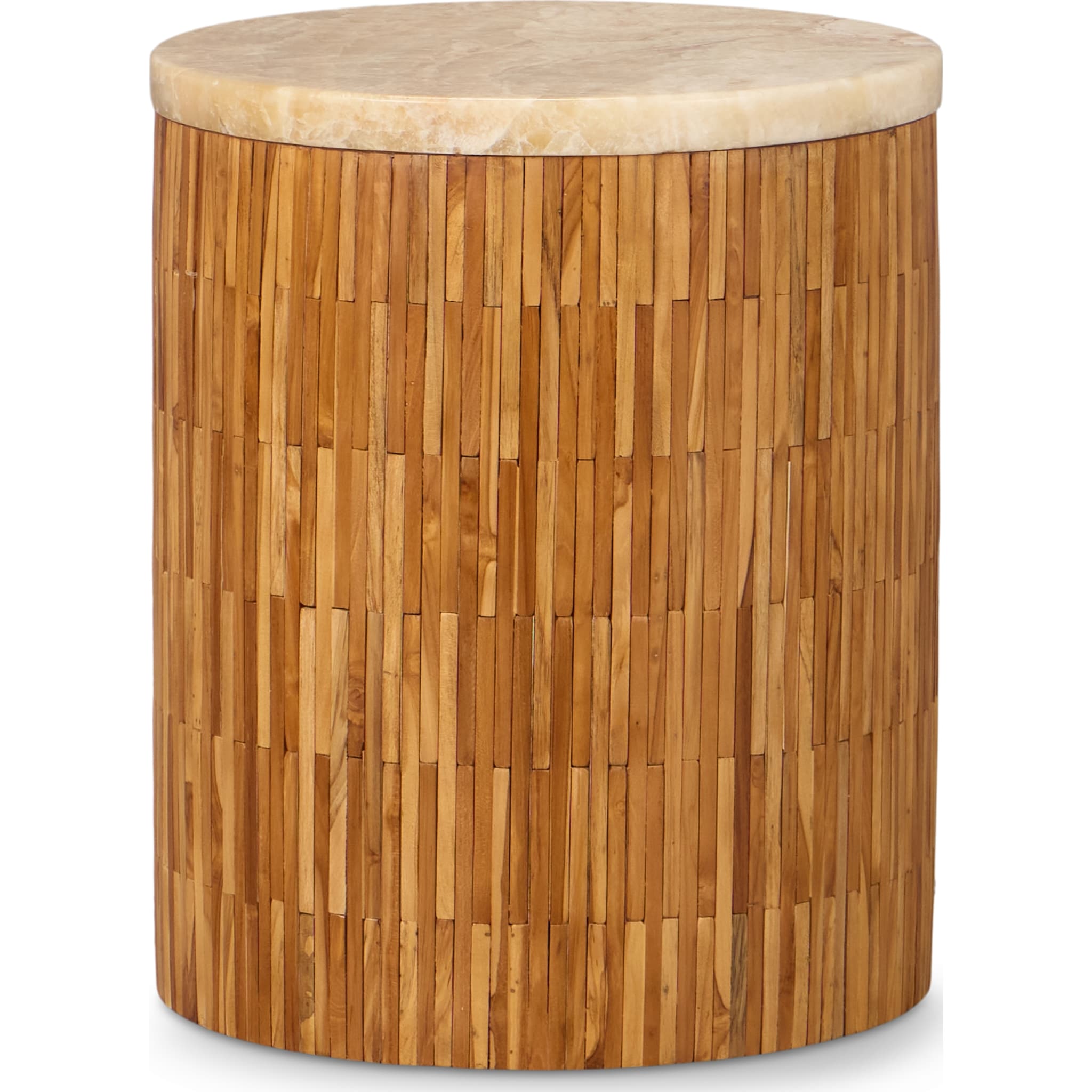 Onyx and Solid Teak Round End Table - Handcrafted Wood Tile Design for Living Room, Bedroom, or Patio Decor