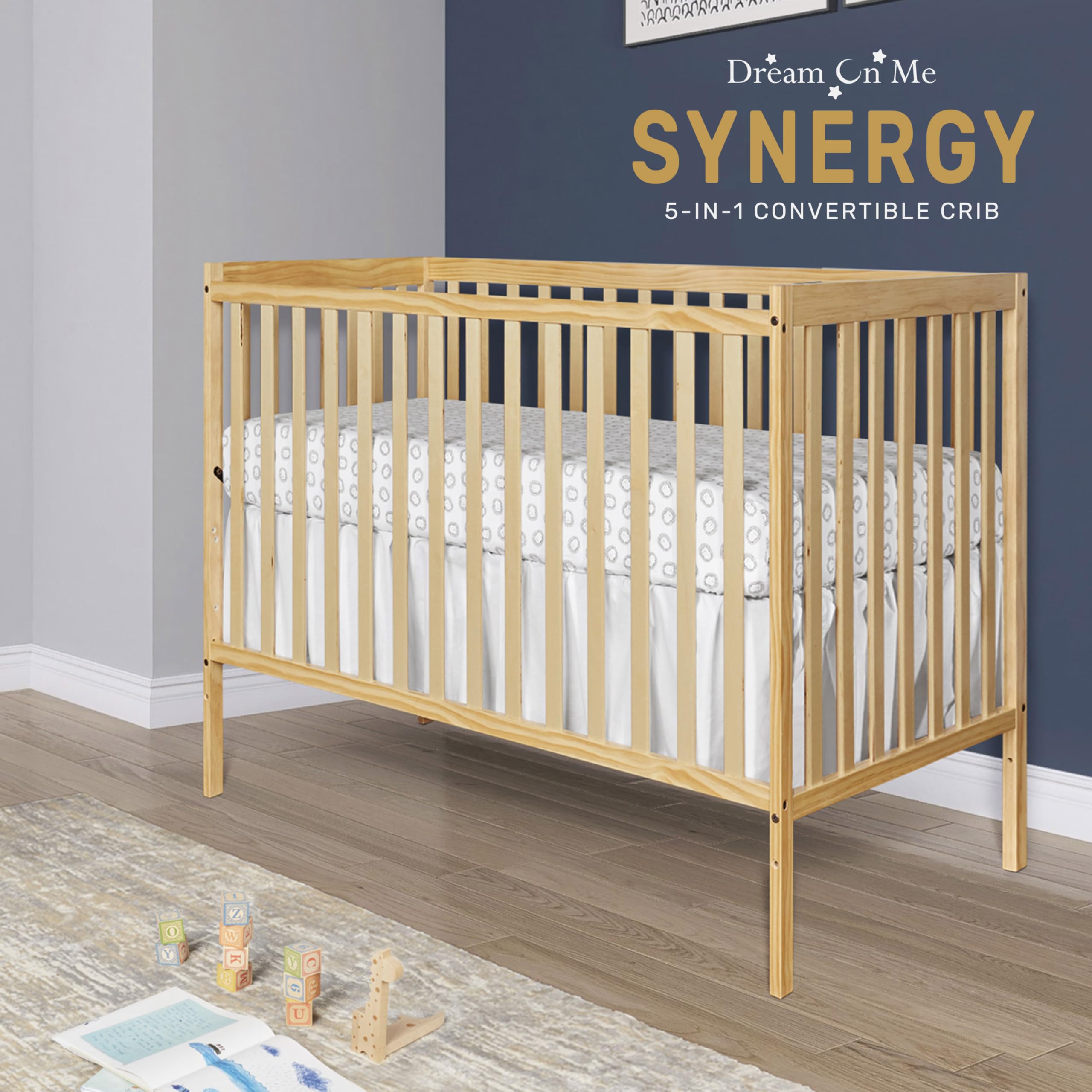 Dream On Me Synergy 5-in-1 Convertible Crib - Toddler to Full Size Bed | Safe & Stylish Nursery Furniture for Baby & Kids Room