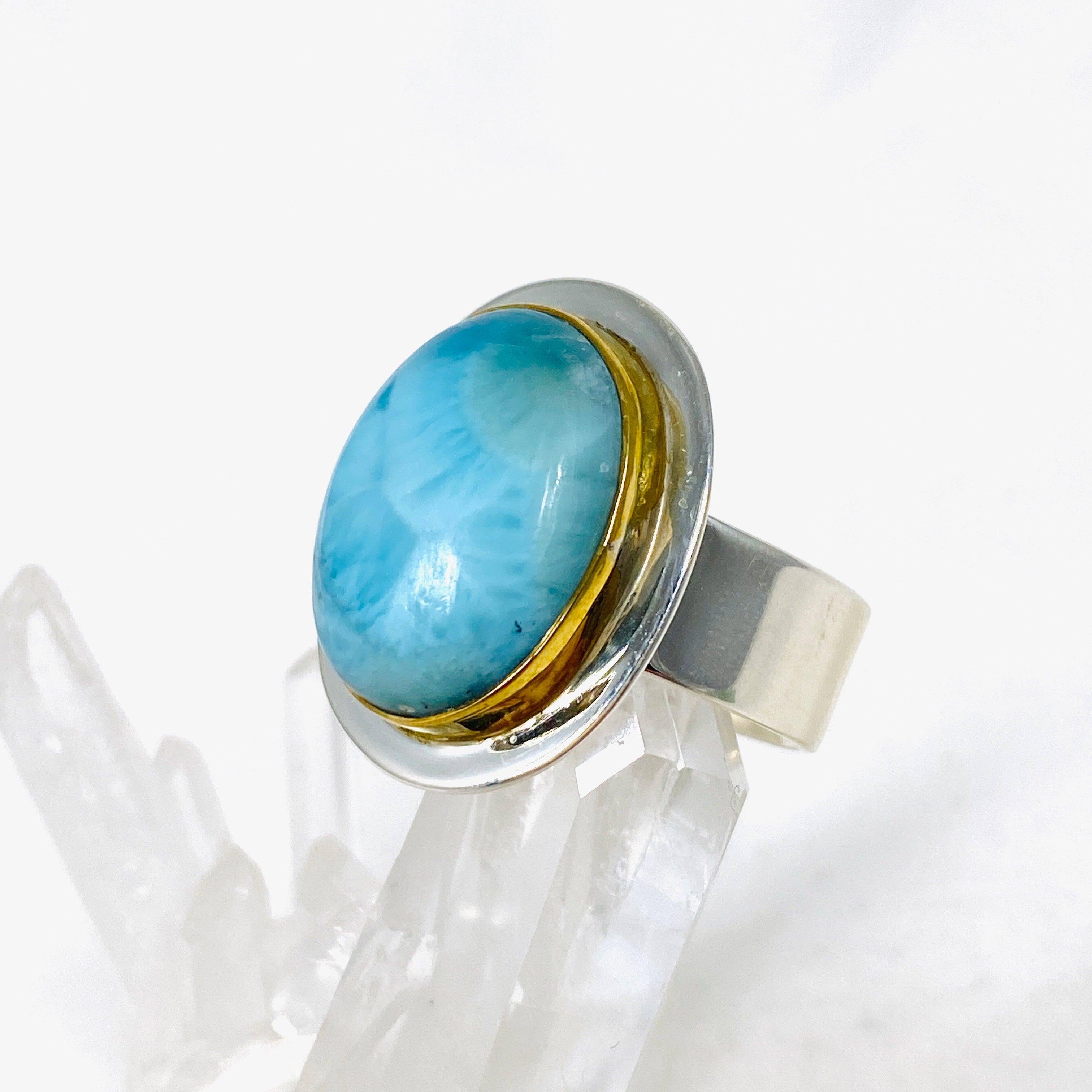 Larimar Oval Ring with Brass Detailing - Size 10 - KRGJ3104 - Perfect for Boho Jewelry Lovers & Beach Wedding Accessories