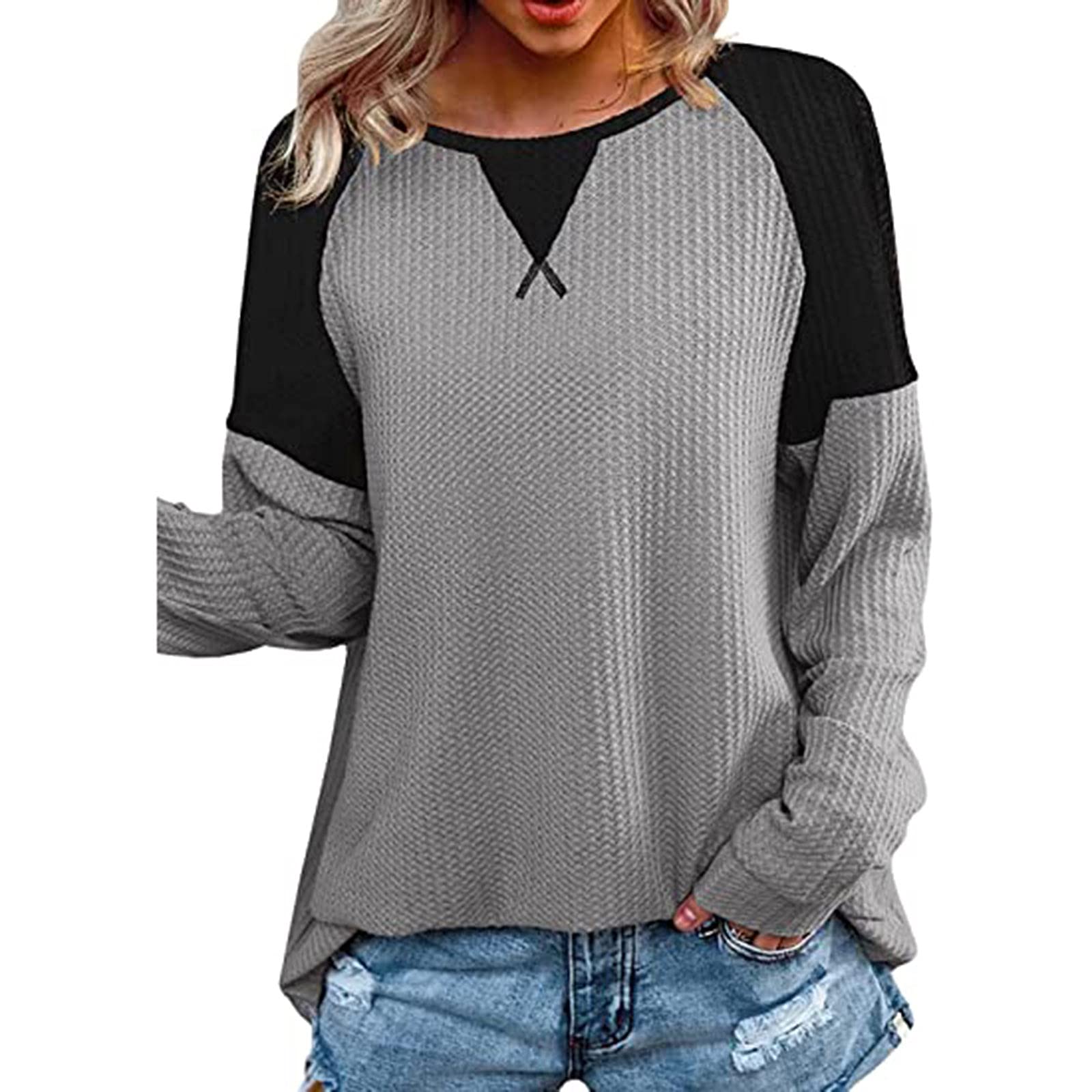 Lightweight Women's Colorblock Sweatshirt - Soft Waffle Knit Crew Neck Pullover Long Sleeve Tunic Top for Casual Wear | Perfect for Fall Layering, Weekend Outfits & Cozy Lounging