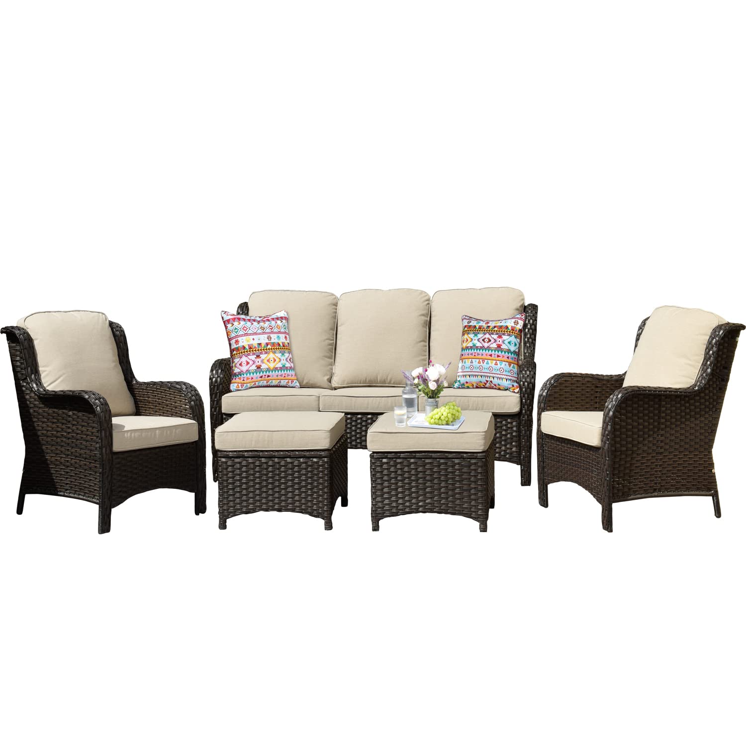 5-Piece All-Weather Wicker Patio Furniture Set with High Back Sofa, 2 Chairs & 2 Ottomans - Brown Beige Outdoor Conversation Set for Garden, Backyard, Deck & Poolside Relaxation