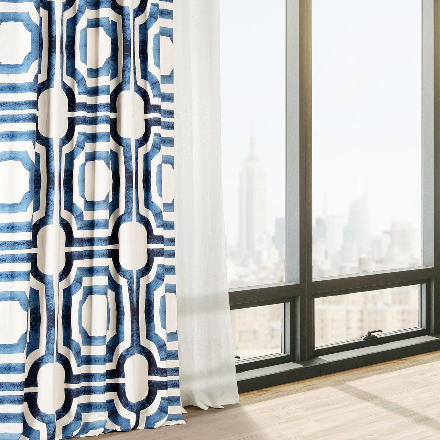 Mecca Blue Geometric Print Cotton Custom Curtains - Modern Window Treatments for Living Room, Bedroom & Office Decor