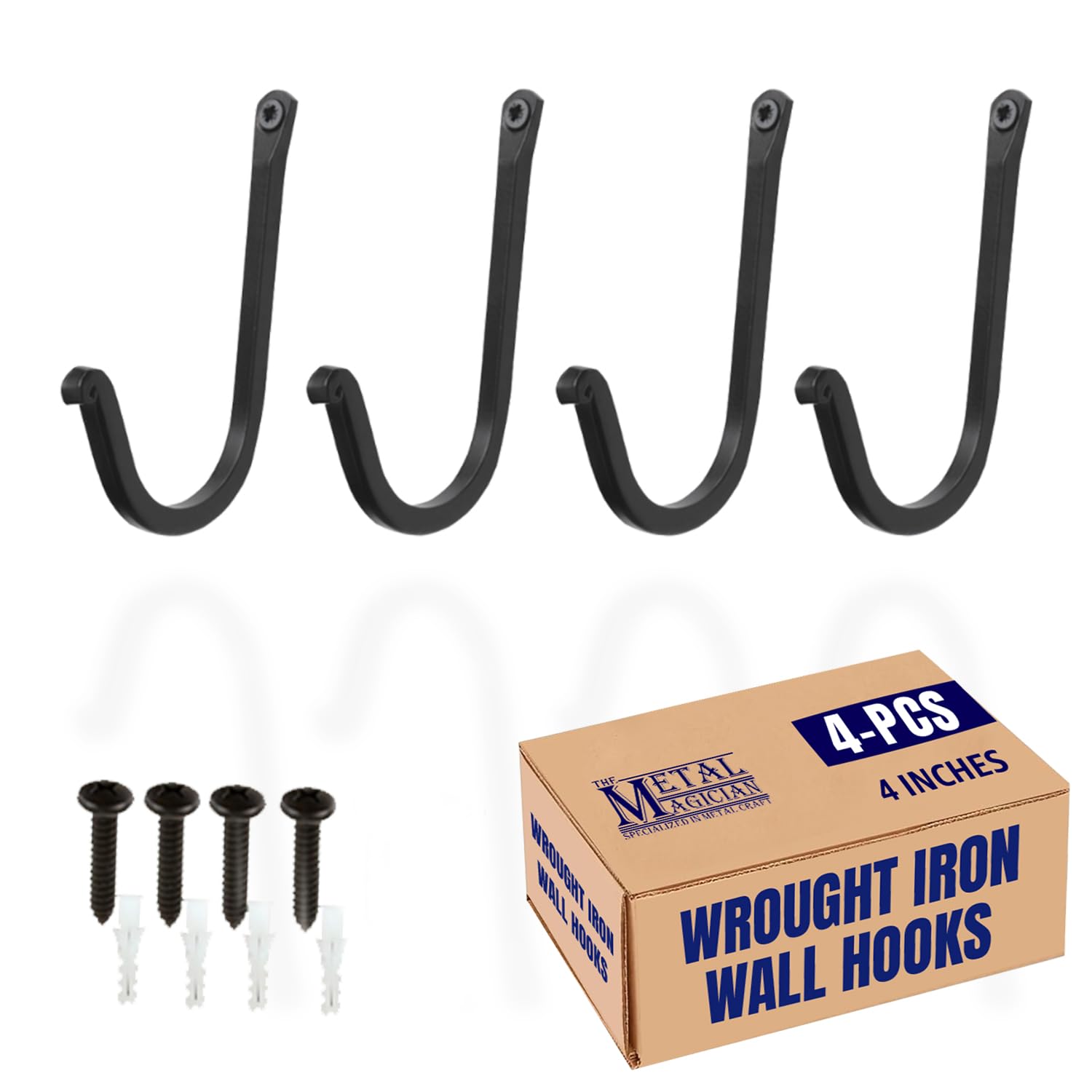Vintage Hand Forged Iron Hooks Set of 4 - Rustic Single Prong Wrought Iron Wall Hooks for Coats, Hats & Decor - Colonial Style Curved Metal Hooks for Home, Farmhouse & Garden Decor