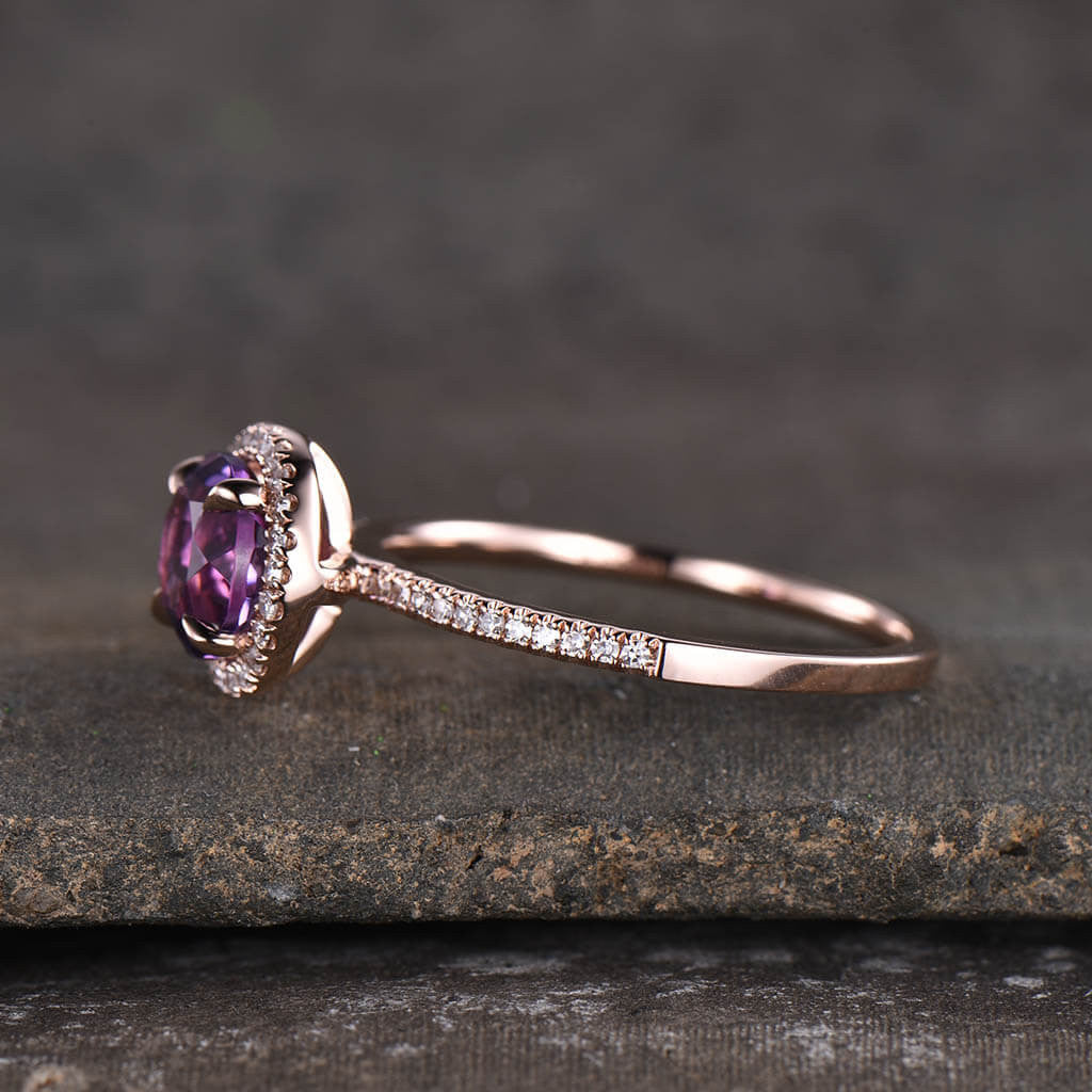 7mm Natural Round Cut Amethyst Engagement Ring - 14K Rose Gold Halo Prong Setting with Diamond Accents | Perfect for Weddings, Anniversaries & Romantic Proposals