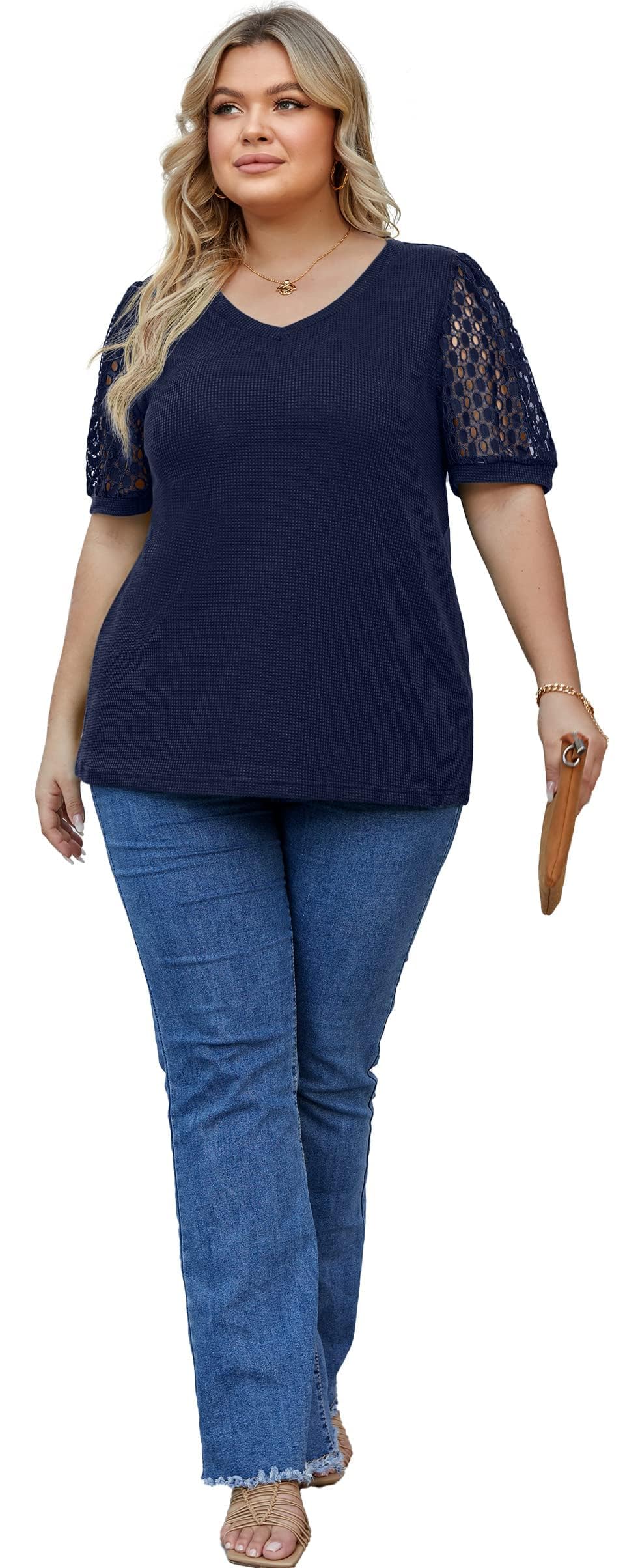 OLRIK Plus Size Tops for Women - Summer Waffle Knit Blouse with Short Lace Sleeves | Casual Office Wear & Date Night Outfits