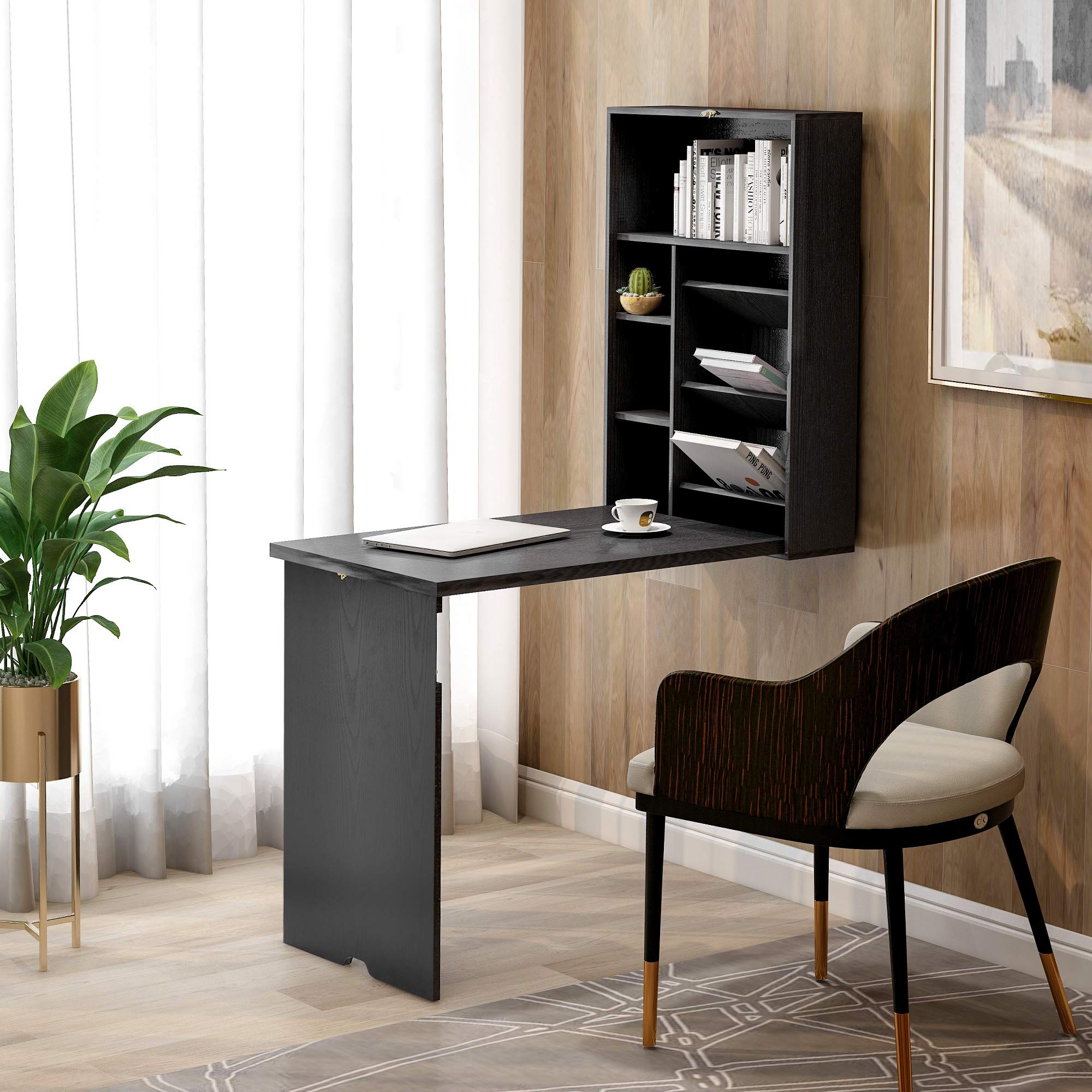 Foldable Wall Mounted Computer Desk with Bookshelves - Space Saving Multi-Function Writing Table for Home Office, Study & Gaming - Converts to Cabinet When Folded (Black) - Perfect for Small Apartments, Dorm Rooms & Compact Workspaces