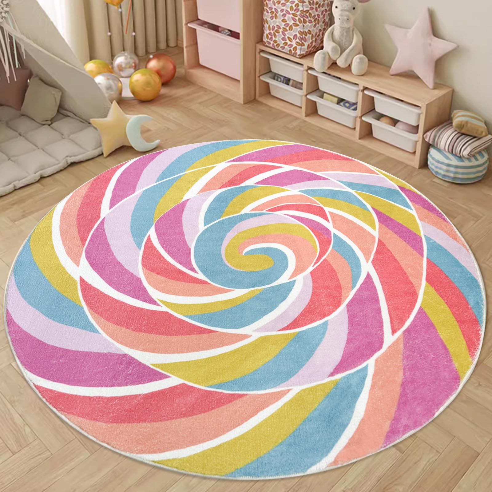 6Ft Round Rainbow Lollipop Kids Play Mat - Non-Slip Nursery Rug for Girls Bedroom, Classroom & Playroom - Large Circle Candy Themed Carpet for Children's Room Decor & Candyland Party Decorations - Perfect for Playtime, Learning Activities & Birthday Celebrations