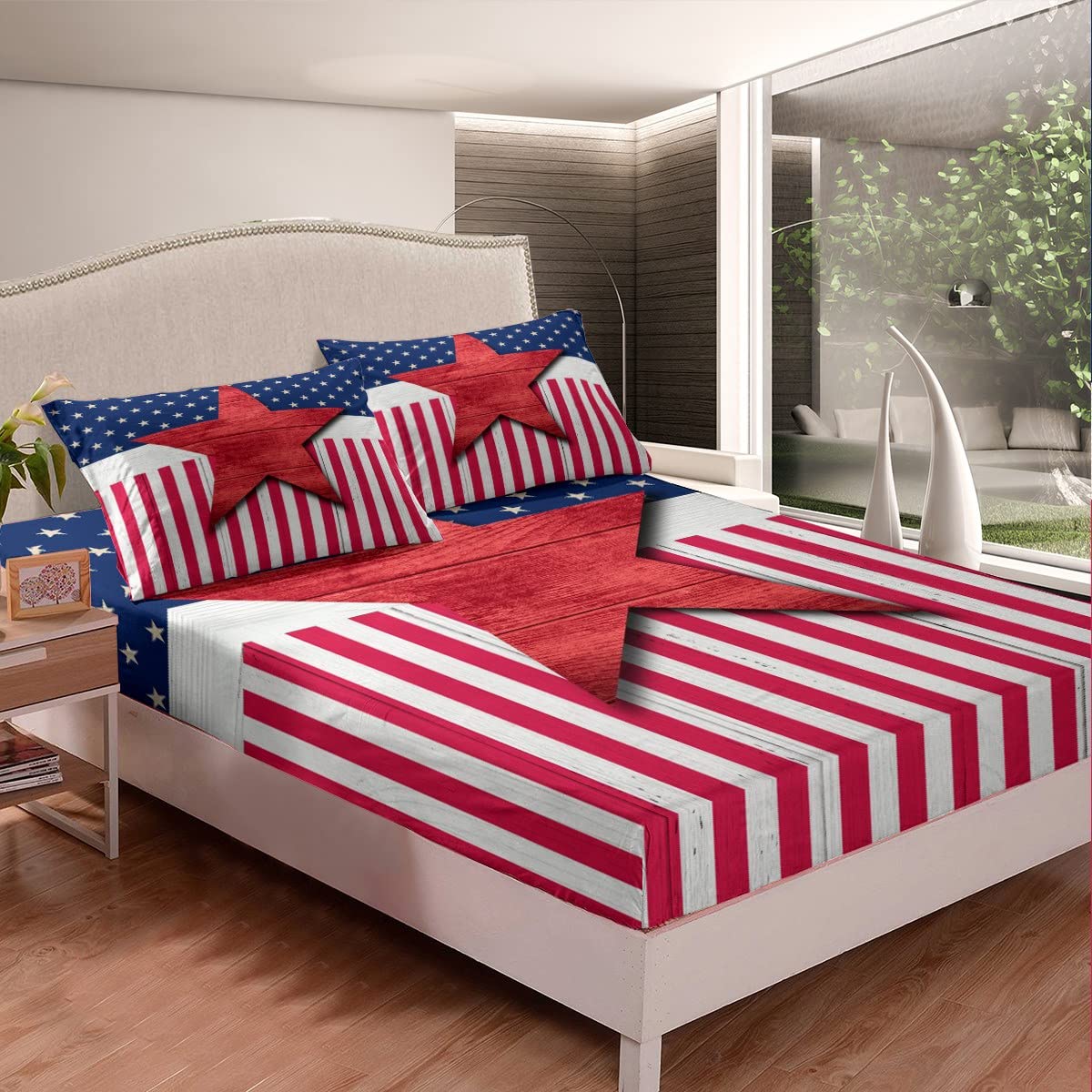Feelyou American Flag Fitted Sheet Set - Queen Size Kids Retro Red Star Stripe Bedding for Boys, Girls, Women & Men | Breathable Geometric Pattern Bed Cover | Perfect for Patriotic Room Decor, 4th of July Celebrations & Americana Themed Bedrooms
