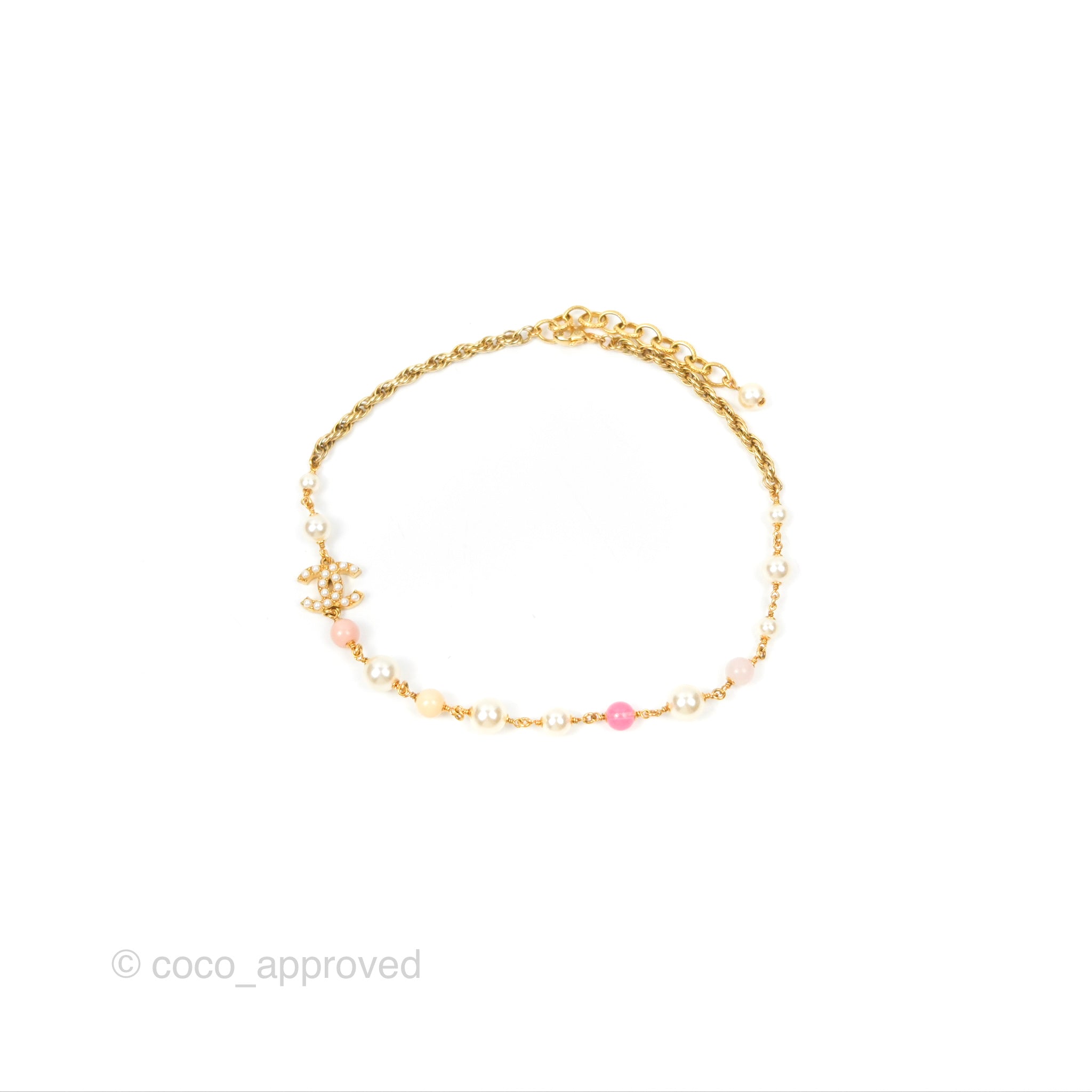 Chanel CC Pearl Pink Beaded Necklace in Gold Tone - Elegant Fashion Jewelry for Women, Perfect for Parties, Weddings & Special Occasions
