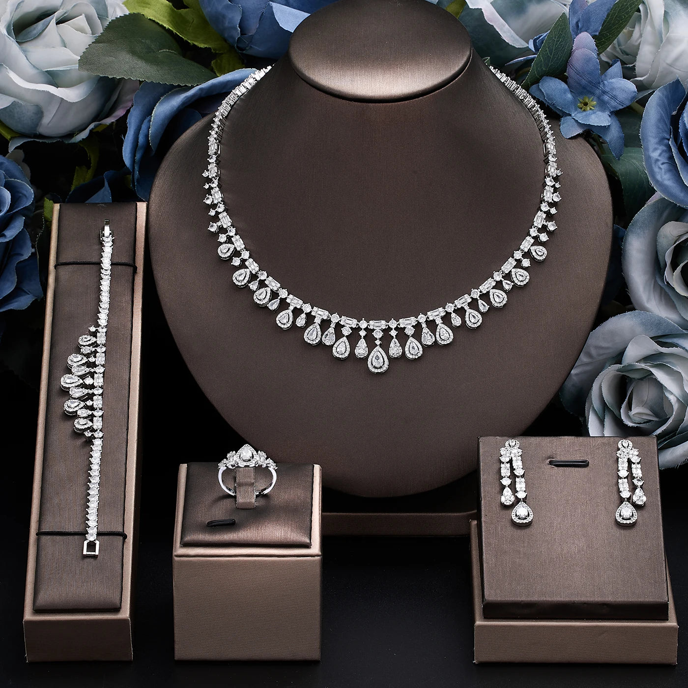 4 Piece Cubic Zirconia Bridal Wedding Jewelry Set with Crystal Accents - Elegant Necklace, Earrings, Bracelet & Ring for Brides, Bridesmaids & Formal Occasions