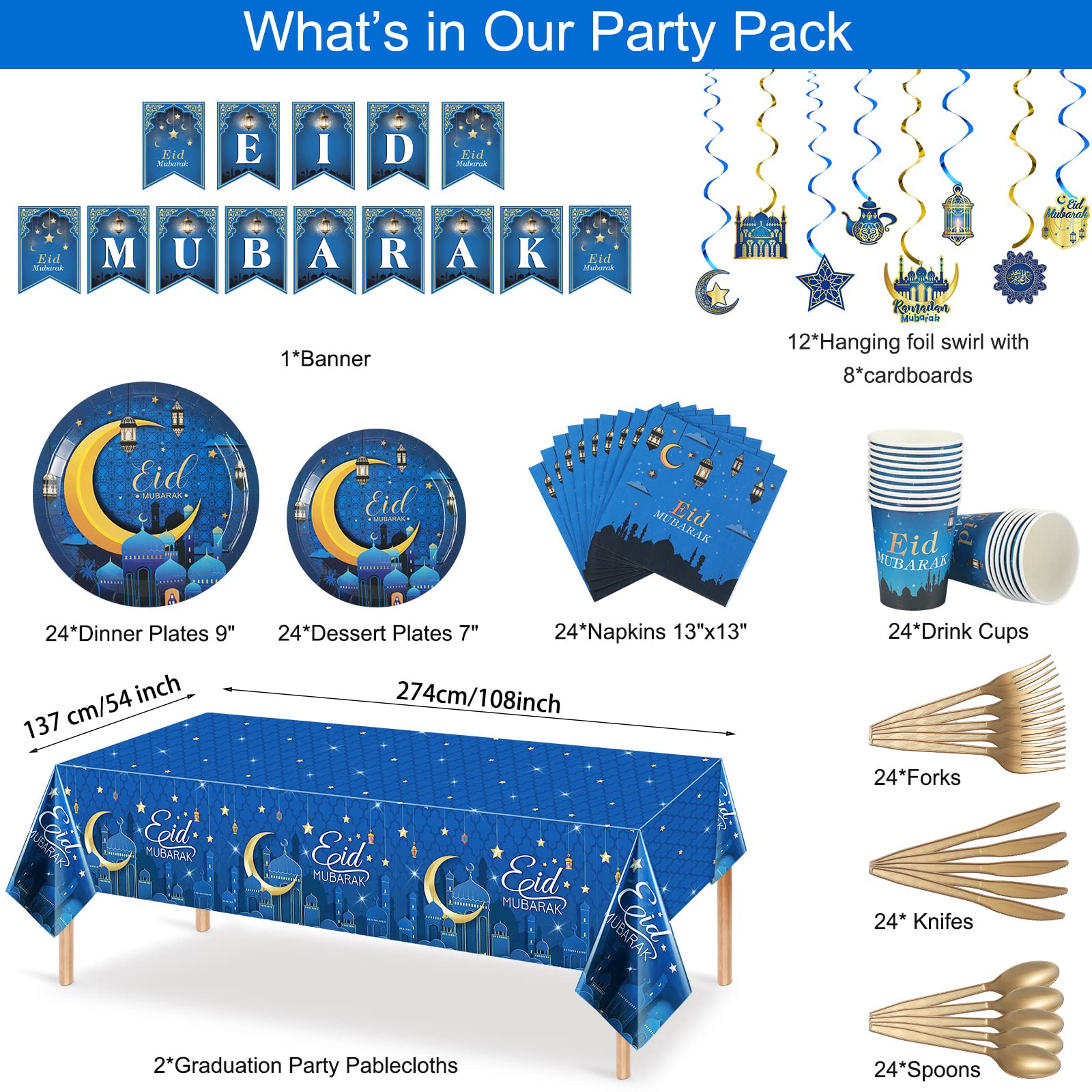 Eid Mubarak Party Supplies Set - 24-Piece Ramadan Tableware Kit with Plates, Napkins, Cups, Cutlery, Banner & Tablecloths - Blue Muslim Celebration Decor for Iftar Dinners & Family Gatherings