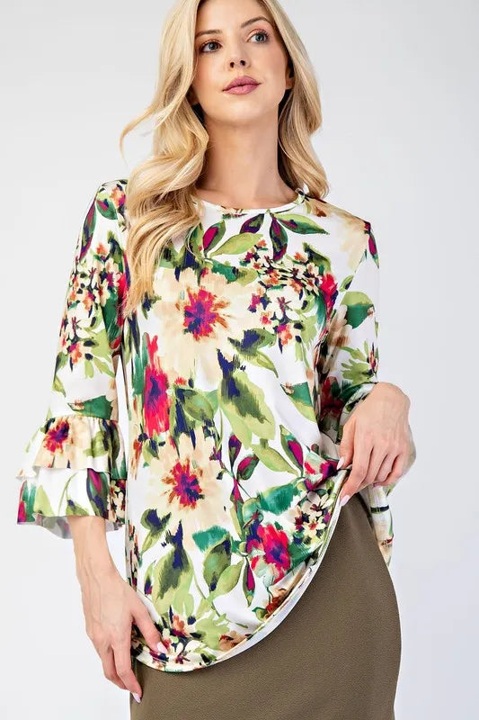 Celeste Plus Size Floral Layering Tops with Non-Slip Sleeves - Green Floral Print Blouse for Women | Perfect for Layering, Office Wear & Casual Outfits