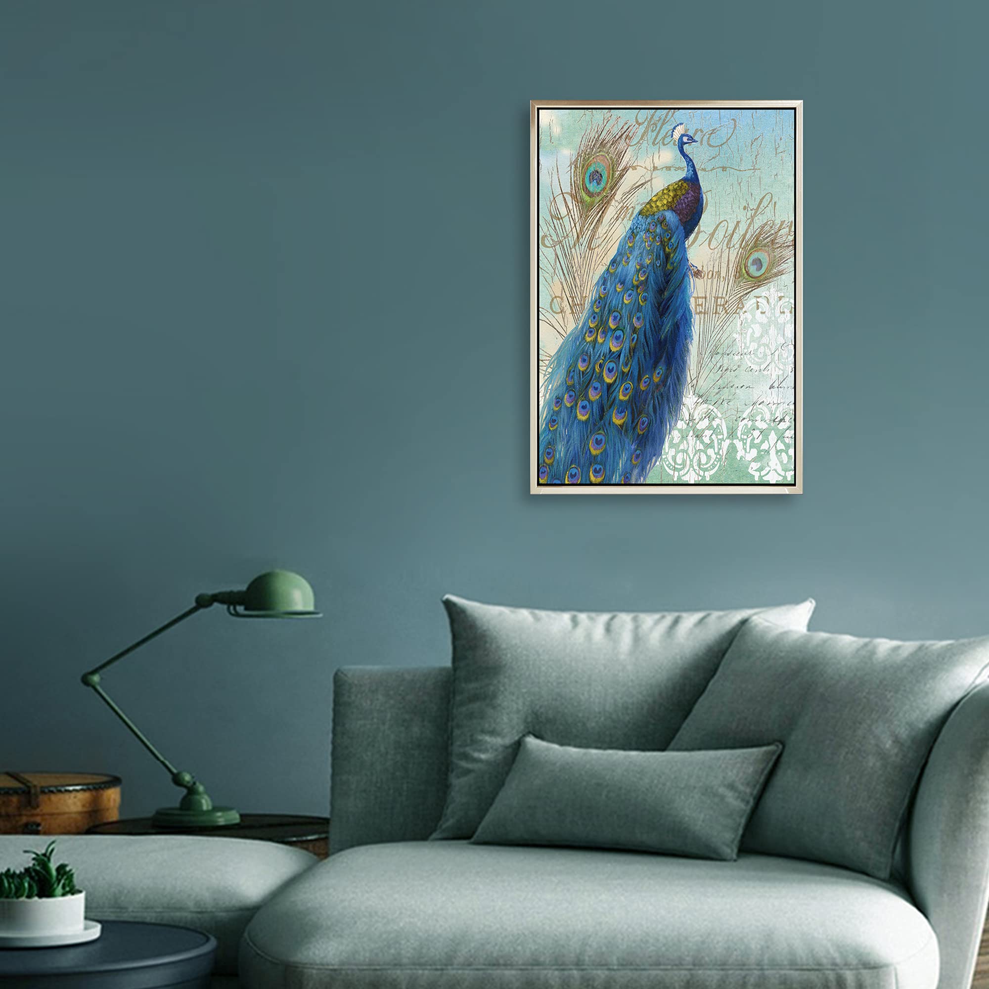 TEXTURE OF DREAMS Peacock Wall Art - 2 Panel Framed Canvas Painting of Blue Peacock Tail Feathers with Flowers, 36