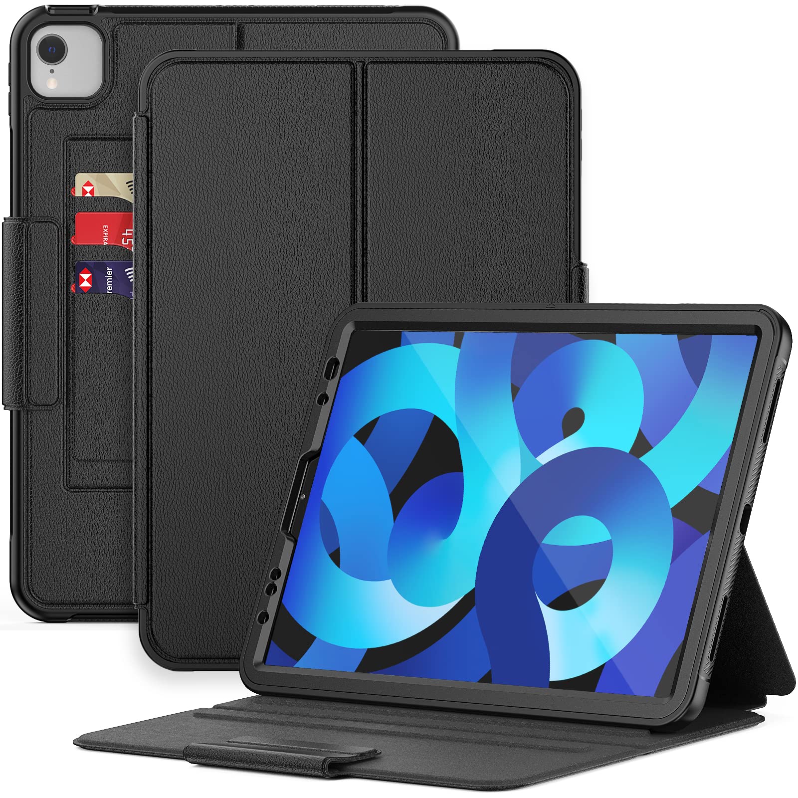 Premium Magnetic Folio Stand Case for iPad Air 5th/4th Generation (10.9 Inch) - Auto Sleep/Wake Smart Protective Cover with Pencil Holder & Card Slot - Perfect for Work, Study & Travel - Black