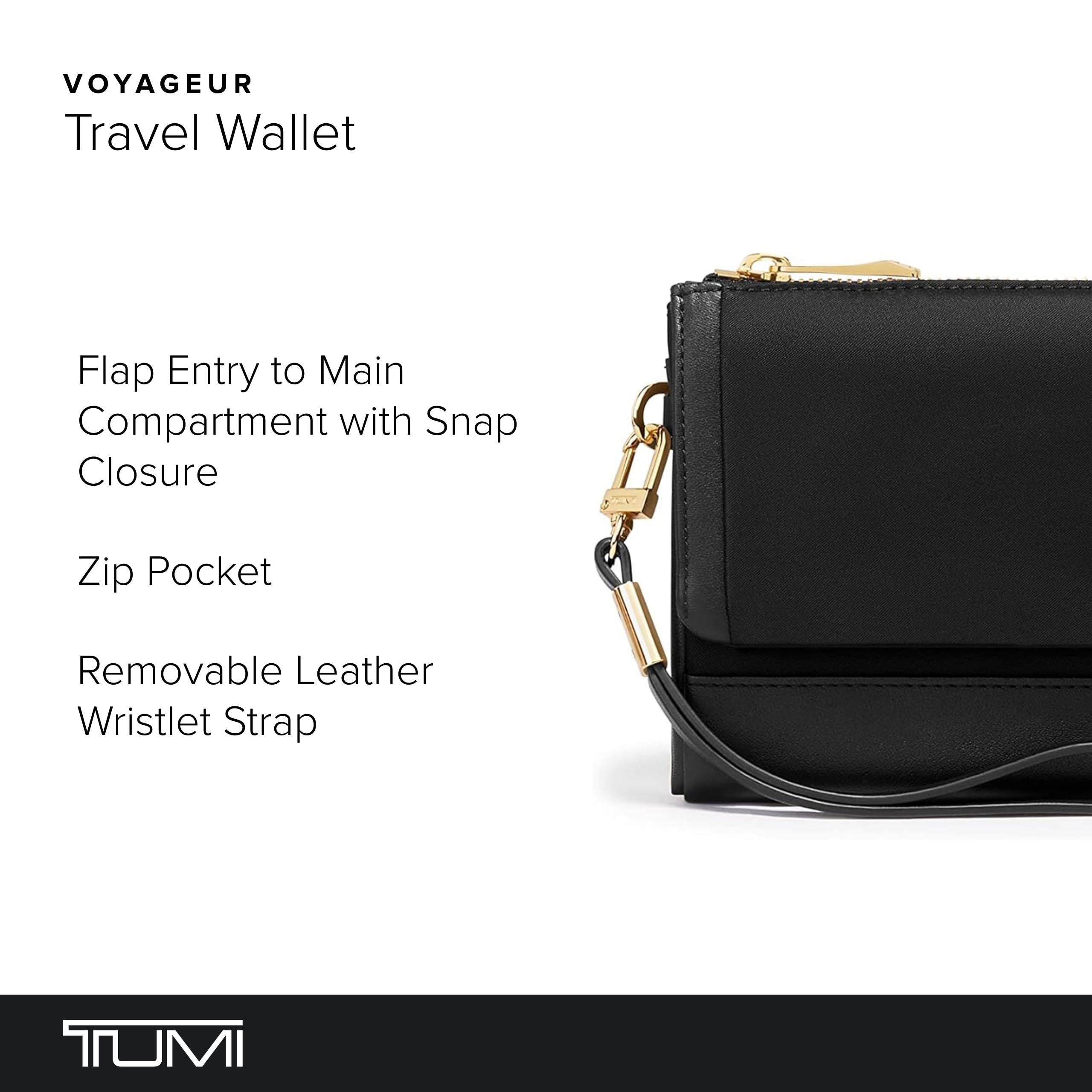 TUMI Voyageur Travel Wallet for Women - RFID Blocking Wristlet Wallet with Passport Holder, Multiple Card Slots & Zipper Compartment - Perfect for Air Travel, Business Trips & Daily Use - Black/Gold (Includes Gift Box)