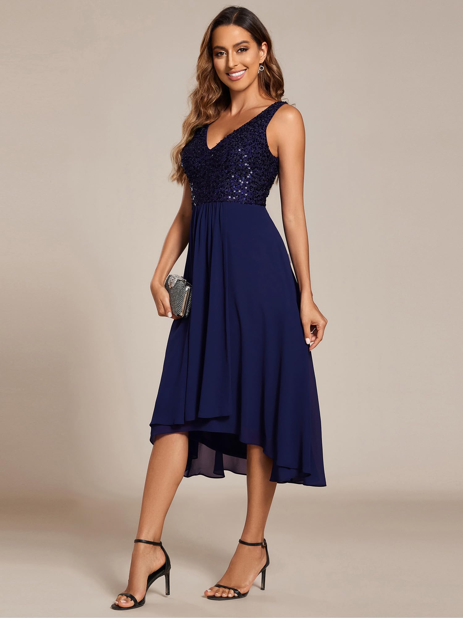 Ever-Pretty Women's Elegant Chiffon V-Neck Sleeveless Sequin High-Low Cocktail Dress | Midi Wedding Guest Dress 02184 | Perfect for Evening Parties, Bridal Showers & Formal Events