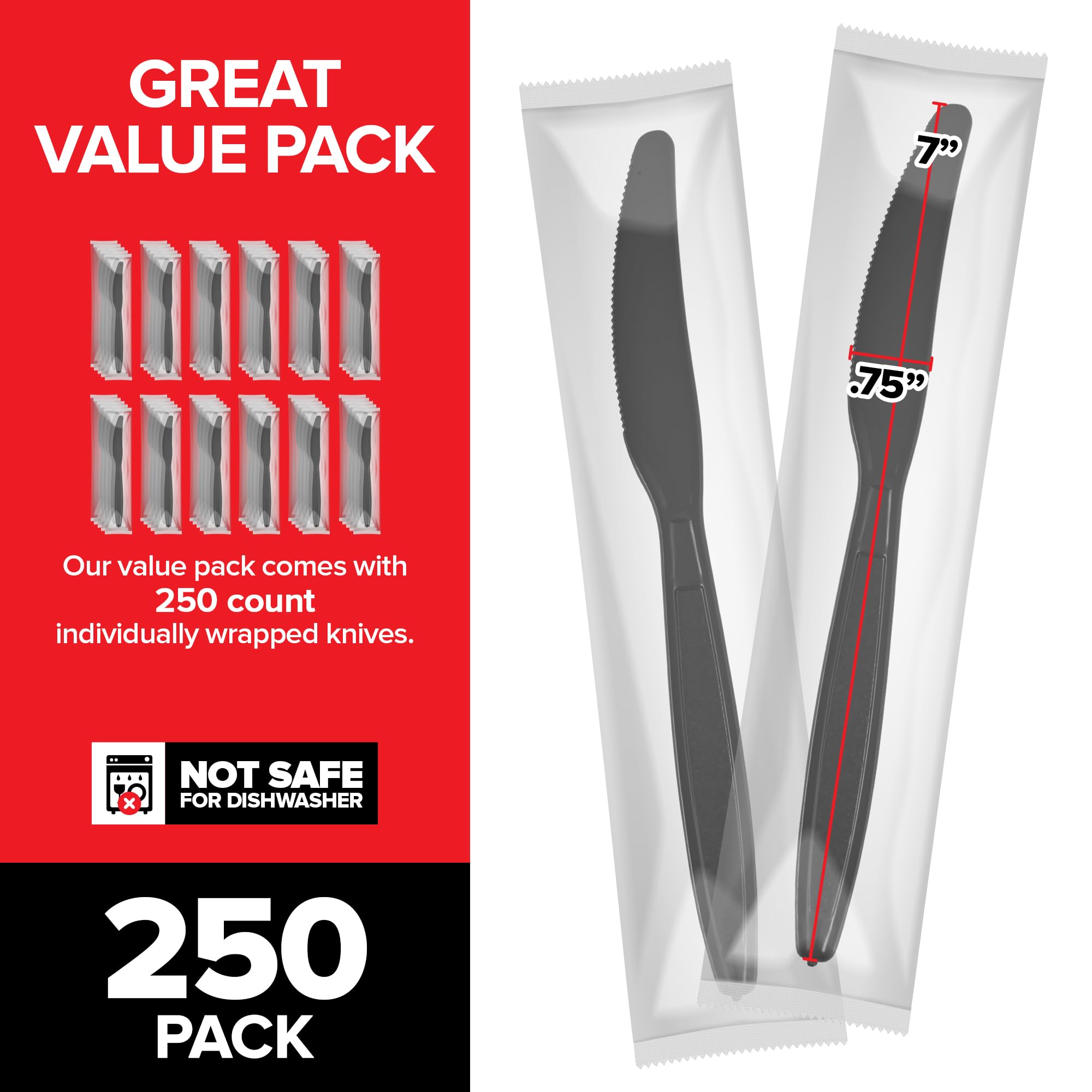 Stock Your Home Individually Wrapped Plastic Knives - 250 Count Heavyweight Disposable Cutlery Bulk Pack for Parties, Picnics, Catering & Events | Durable Plastic Utensils for Restaurants, BBQs & Office Use