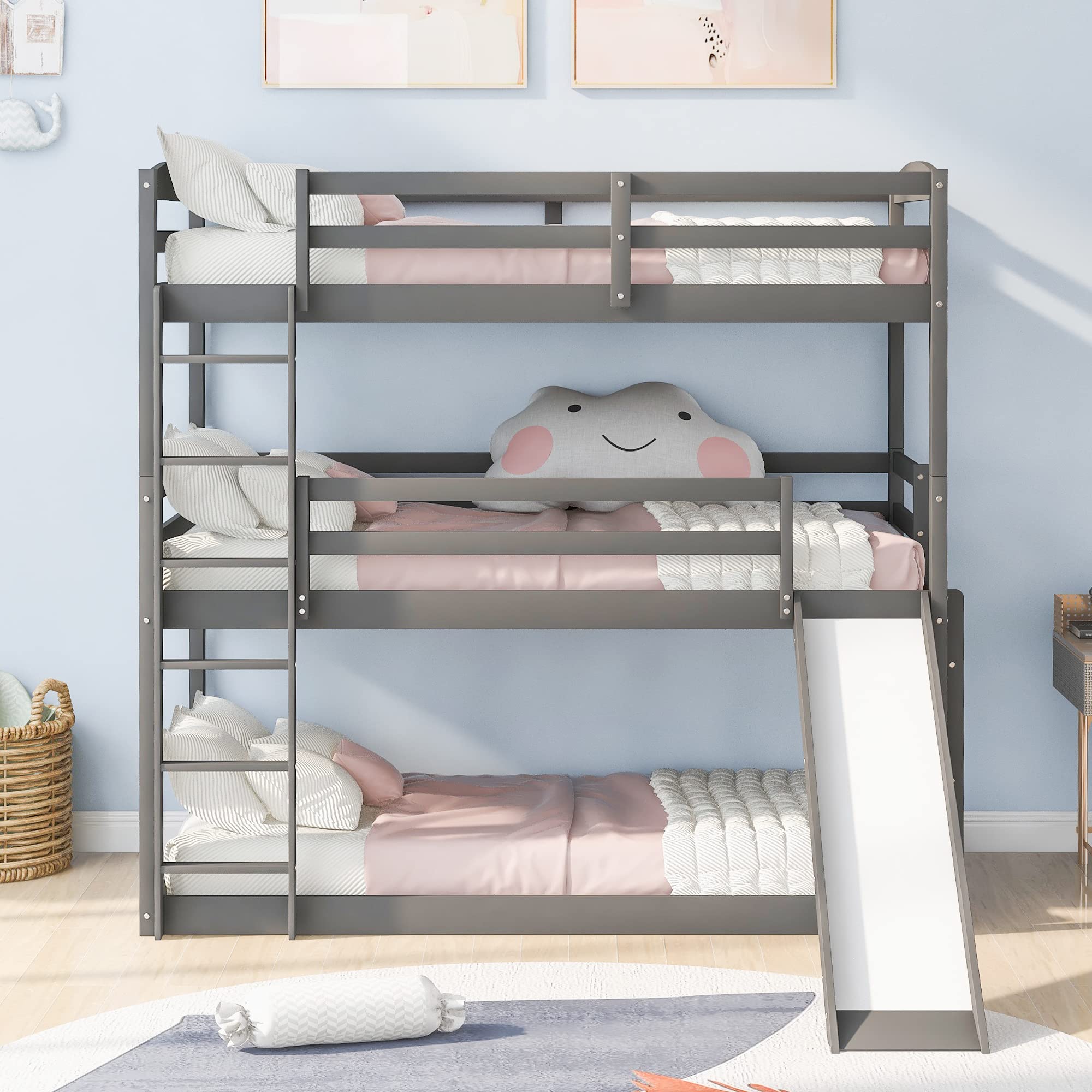 Triple Bunk Bed with Ladder and Slide - Twin Over Twin Over Twin Adjustable Kids Bunk Bed with Full-Length Safety Guardrails - Perfect for Kids' Bedroom, Dormitory, and Space-Saving Home Furniture