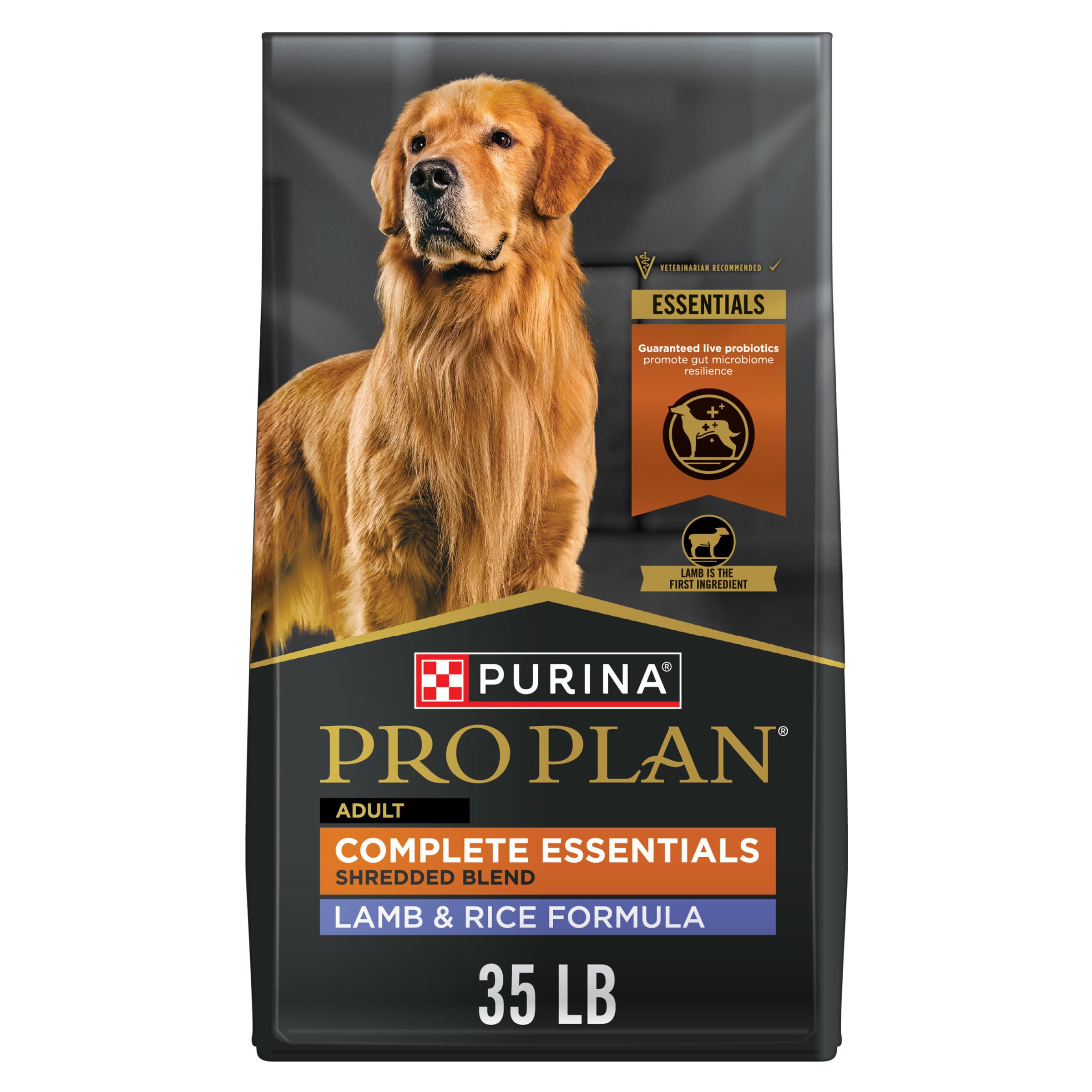Purina Pro Plan Complete Essentials High Protein Dog Food with Probiotics - Lamb & Rice Shredded Blend for Digestive Health (35 lb Bag) | Premium Nutrition for Adult Dogs, Ideal for Active Pets & Sensitive Stomachs