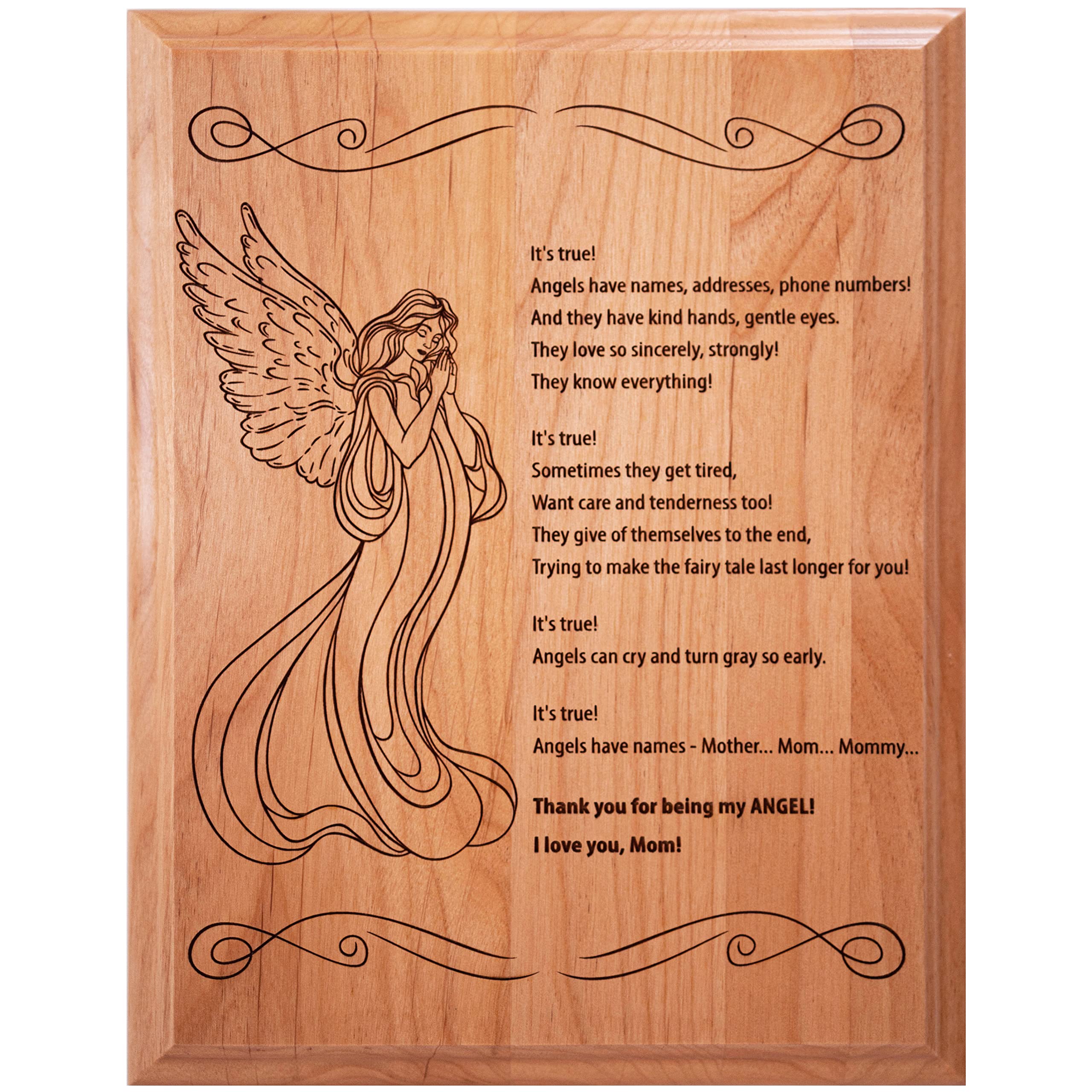 Smoky Tree I Love You Mom Engraved Wood Plaque - 7x9 Alder Wood Wall Art with Angel Poem, Mother of the Bride Gift, Mom Birthday Present from Daughter or Son, Perfect for Home Decor, Nursery, or Office