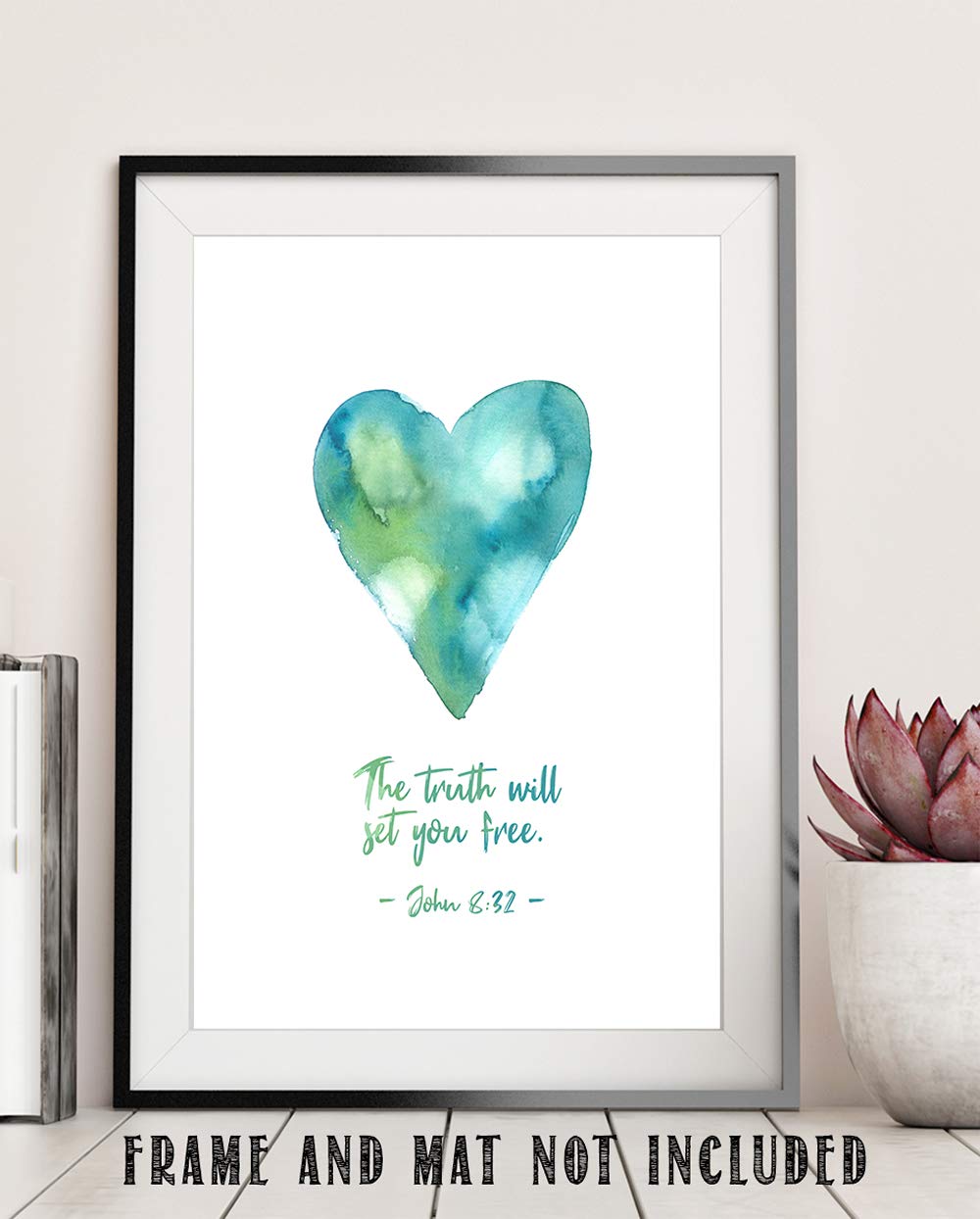 TJ Originals - John 8:32 Bible Verse Wall Art Decor 'The Truth Will Set You Free' - 11x14 Christian Scripture Print - Inspirational Home & Office Decor - Perfect Gift for Women, Family & Friends (Green Heart) - Ideal for Living Room, Bedroom, Church or Prayer Room Decor