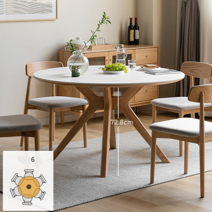 Solid Oak Wood Round Nordic Dining Table with Rock Slab Surface - Modern Farmhouse Kitchen & Dining Room Furniture for Family Gatherings