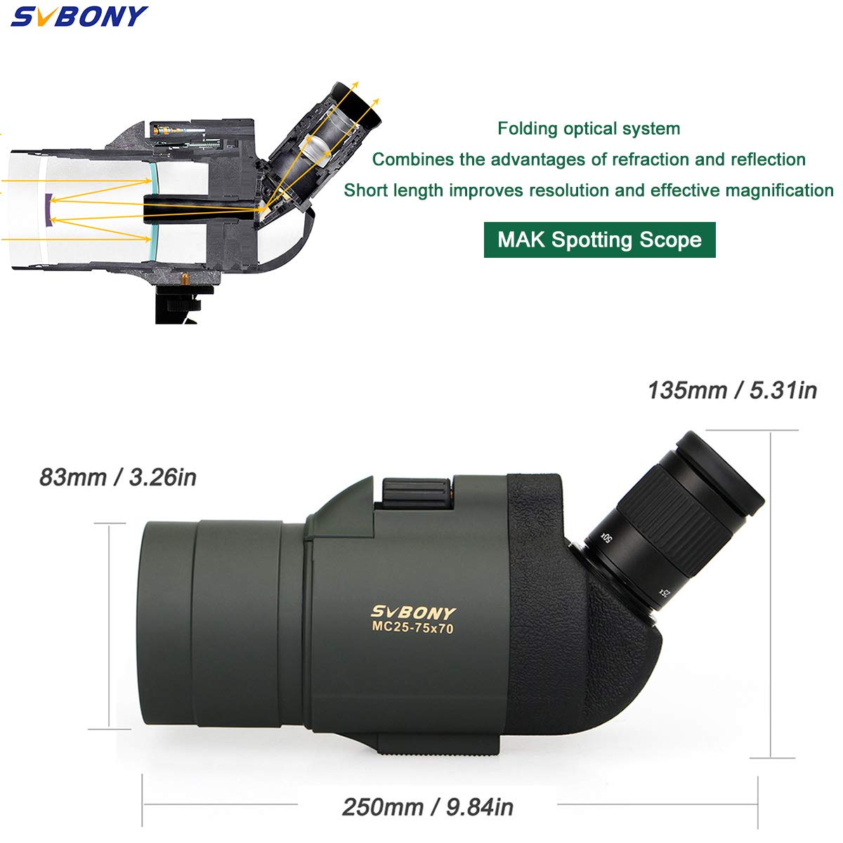 SVBONY SV41 Mak 25-75x70 Compact Spotting Scope with Tripod for Hunting, Shooting, Bird Watching, Travel & Camping | Ideal for Target Practice, Wildlife Observation & Outdoor Adventures