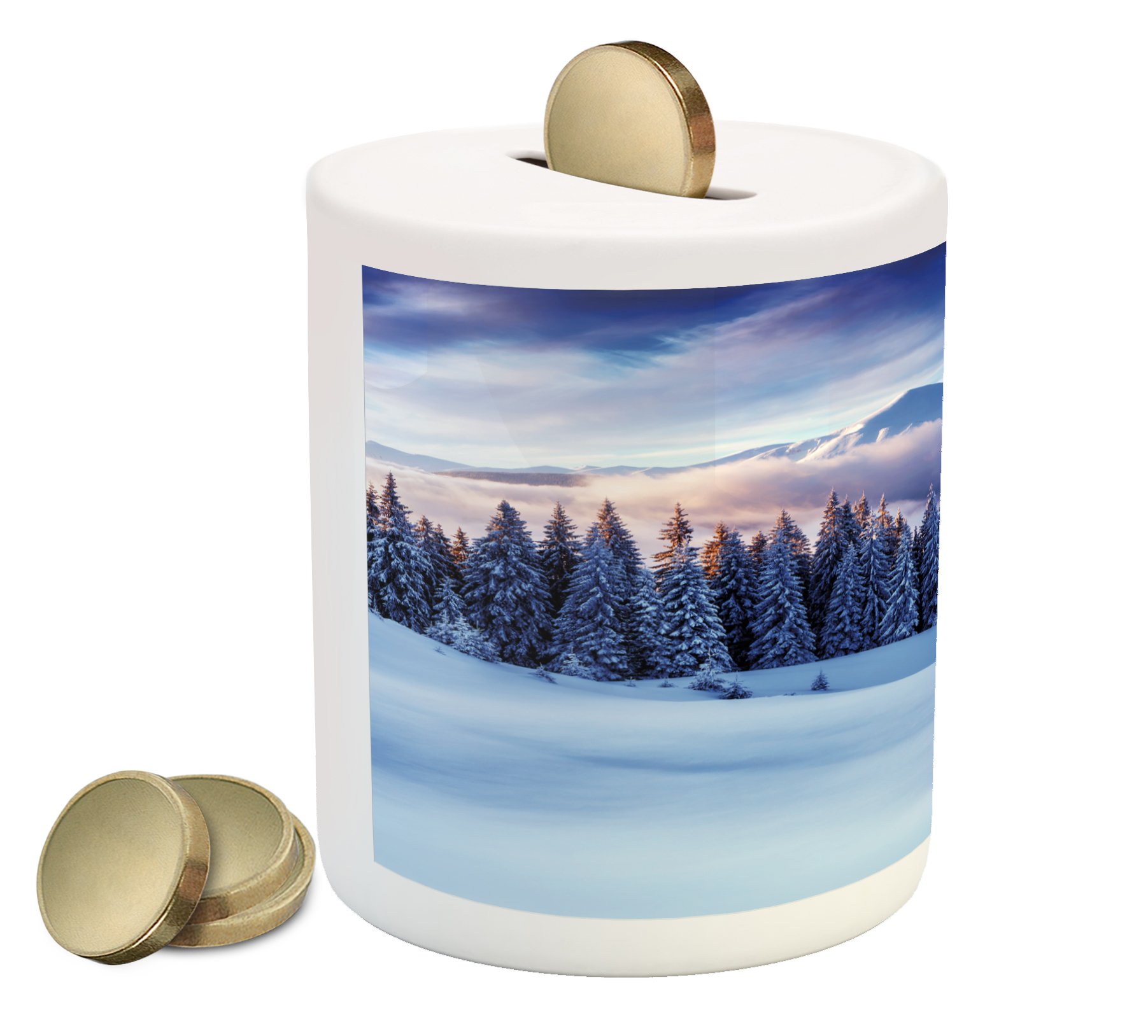 Ambesonne Ceramic Piggy Bank - Winter Scenery with Snowy Mountains & Pine Trees, Money Saving Coin Bank for Cash & Coins | Perfect Gift for Kids, Christmas, Holidays & Home Decor