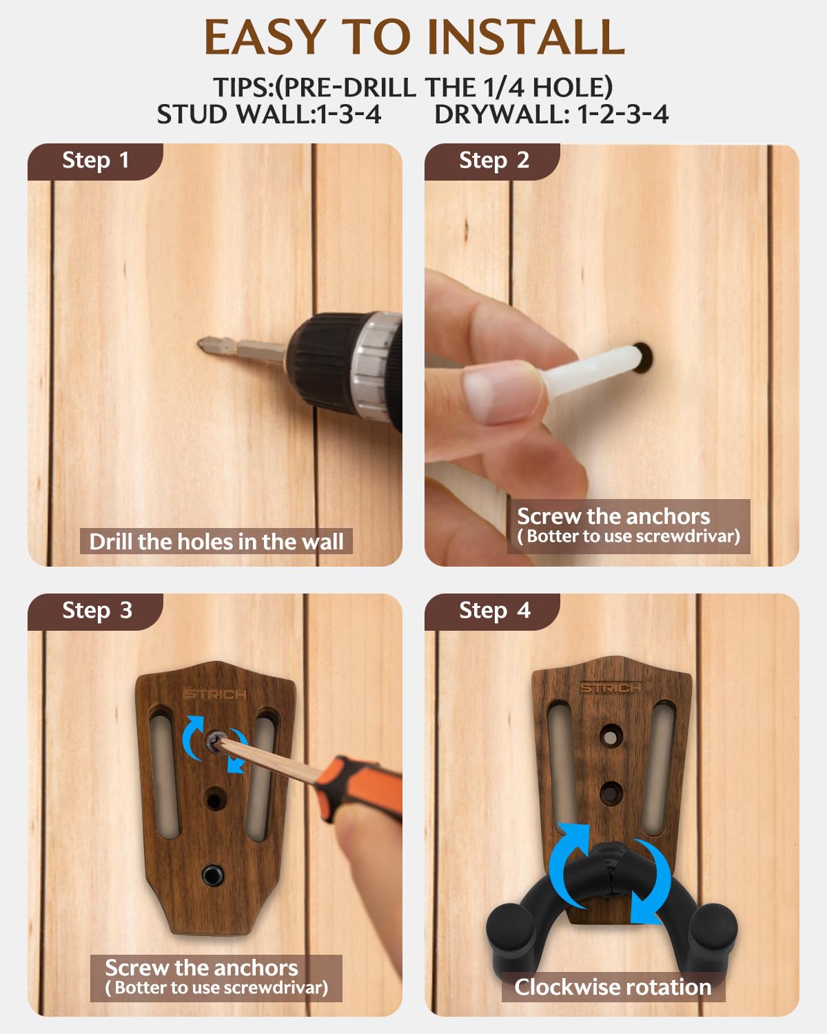 Premium STRICH Walnut Guitar Wall Hanger - 2-Pack U-Shaped Guitar Hook Mount with Screws for Acoustic, Electric, Bass & Banjo | Secure Wall Mount for Bedroom, Studio & Music Room Decor