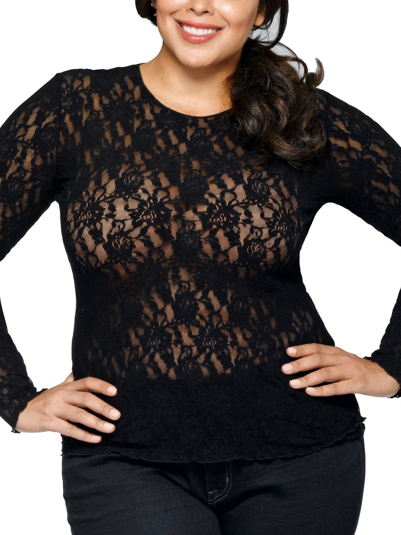 Plus Size Signature Lace Long Sleeve Blouse for Women - Elegant Floral Lace Tunic Top for Casual Wear, Office & Special Occasions