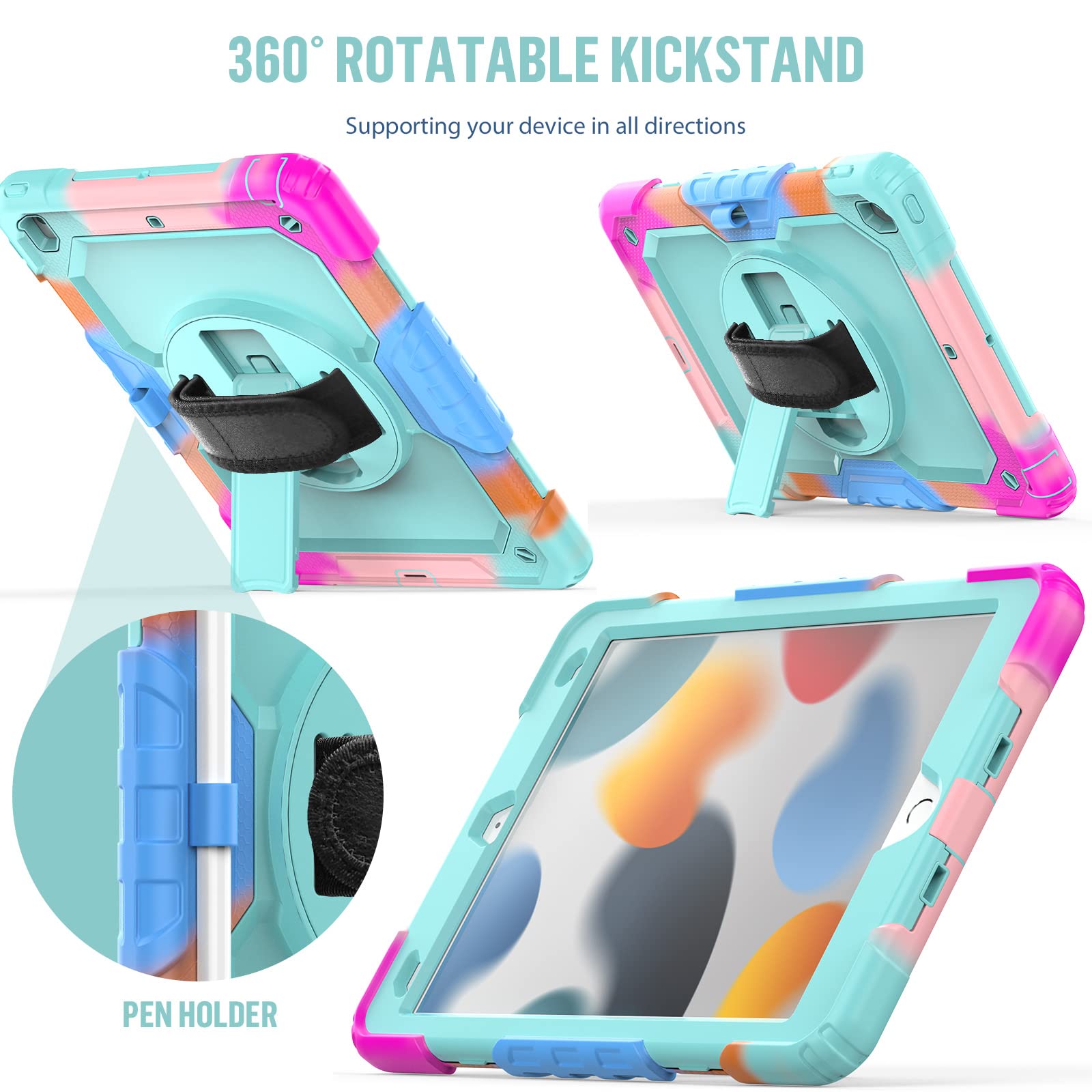 BLOSOMEET iPad Case for 9th/10th Generation 10.2 inch (2021/2020/2019 Models) - Shockproof Kids Protective Cover with Built-in Stand, Pen Holder & Adjustable Shoulder Strap | Includes Tempered Glass Screen Protector | Turquoise Blue | Perfect for School, Travel & Home Use