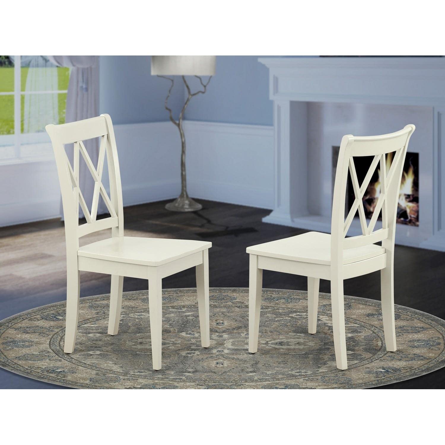 East West Furniture Clarksville Dining Room Chairs - Set of 2 Double Cross Back Wood Seat Chairs in Linen White | Perfect for Farmhouse, Kitchen, and Dining Room Decor