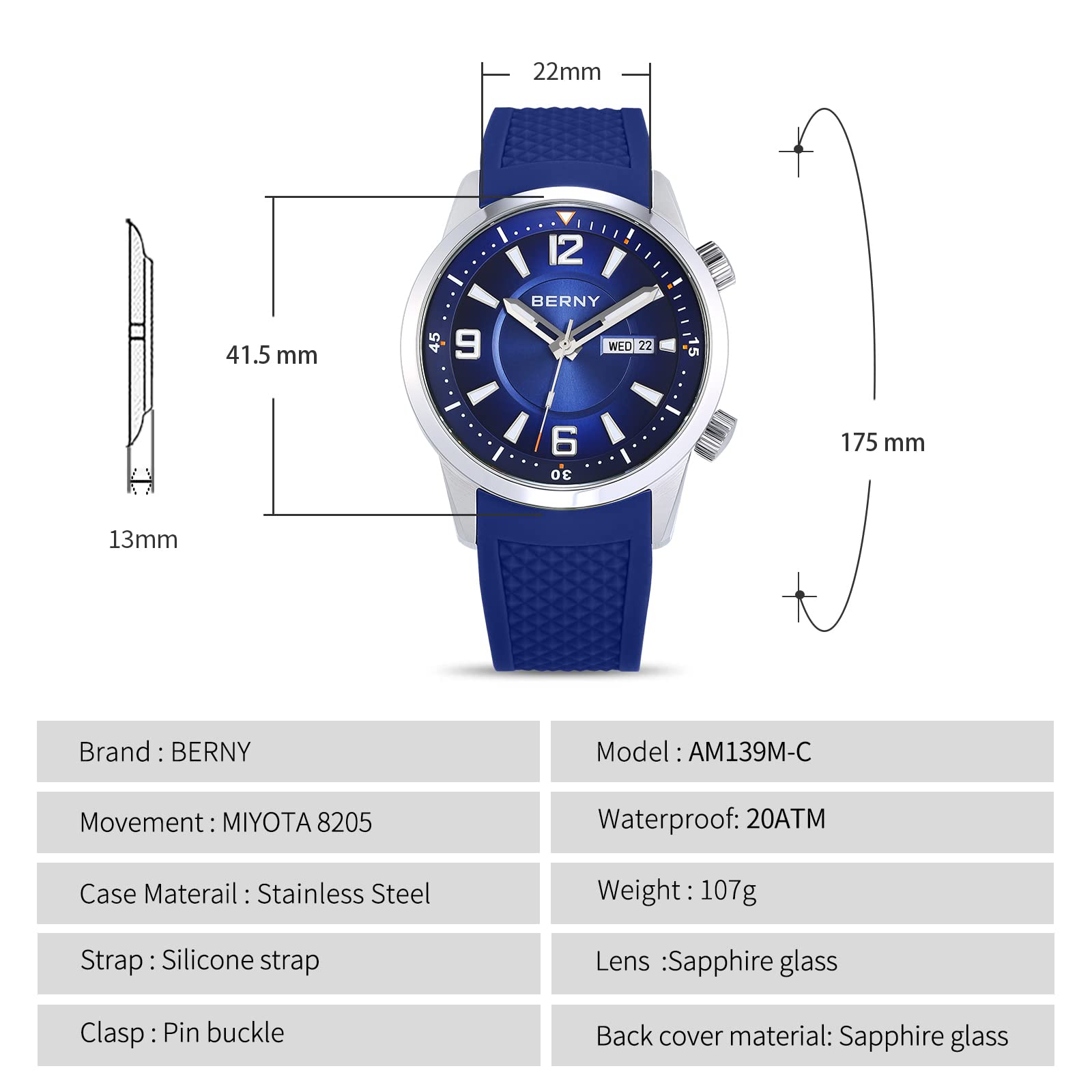 BERNY Men's Automatic Dive Watch - 20ATM Waterproof, Sapphire Glass, Super Luminous - Mechanical Wristwatch with Screw-Down Crown & Silicone Band - Perfect for Scuba Diving, Swimming and Outdoor Adventures