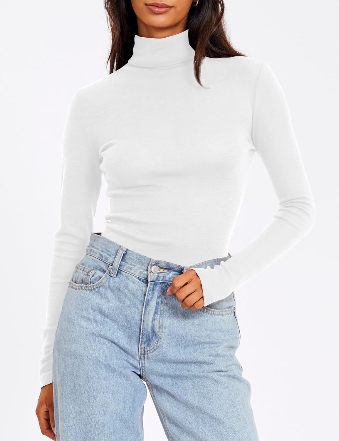 Placitiume Women's Long Sleeve Turtleneck Thermal Shirt - Slim Fit Ultra-Soft Base Layer Top in White | Perfect for Winter Layering, Outdoor Activities & Casual Wear