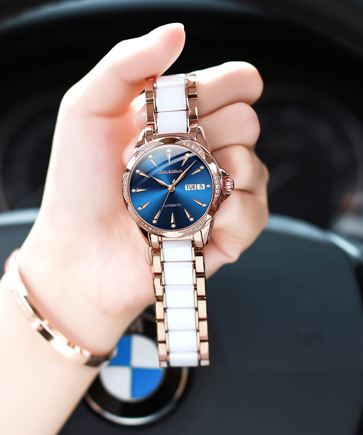 OLEVS Automatic Women's Watch with Blue Diamond Dial - Self-Winding Mechanical Watch, Ceramic & Stainless Steel Rose Gold Case, Day/Date Display, Water Resistant - Elegant Dress Watch for Women, Perfect Gift for Her | Office, Party, Wedding & Everyday Wear