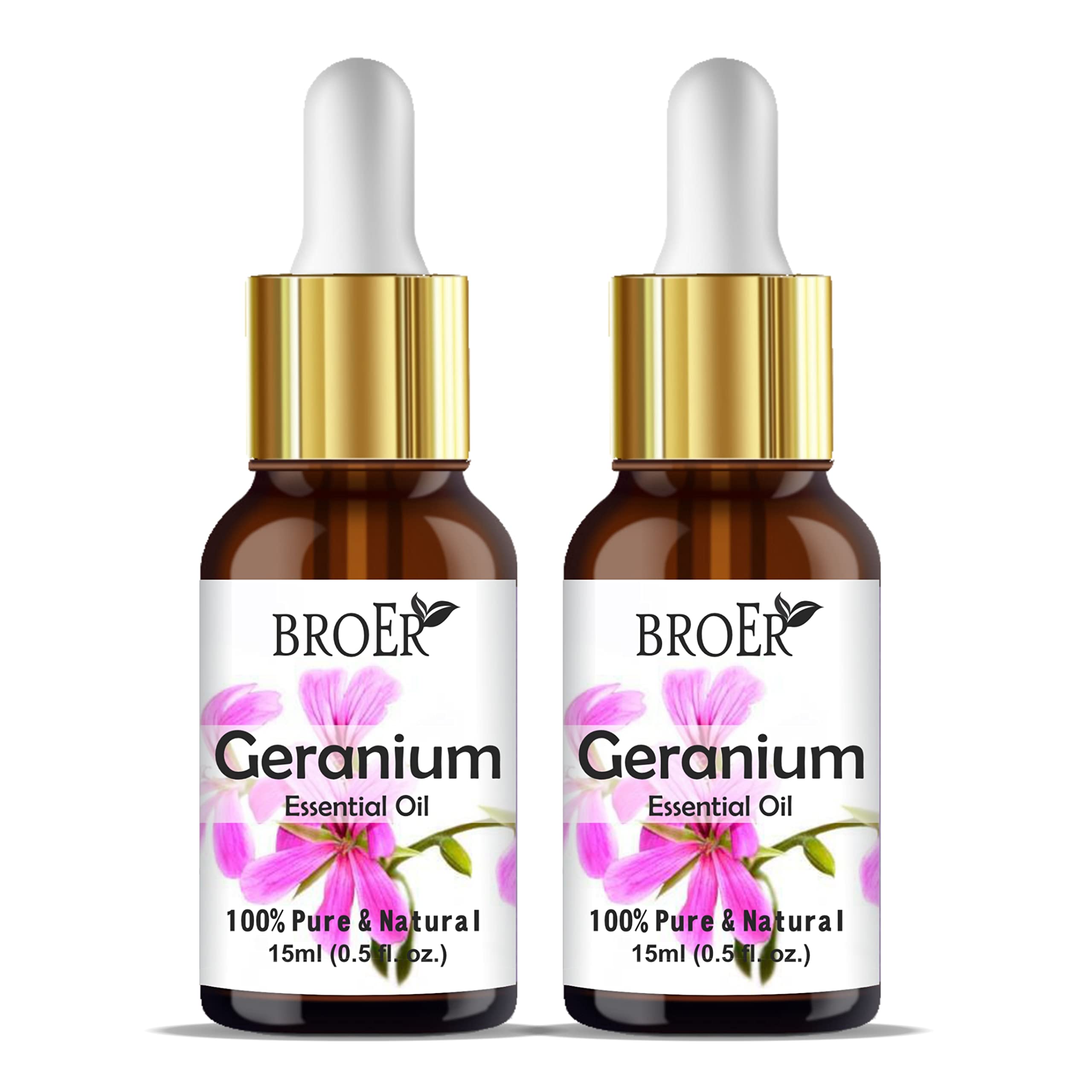 BROER Naturals Pure Geranium Essential Oil - 100% Pure, Natural & Undiluted for Skin Care, Hair Growth, Diffuser & Aromatherapy | No Parabens, Sulfates | Cruelty-Free, Vegan | 2-Pack (30ml Each) | Perfect for Relaxation, Massage & DIY Beauty Products