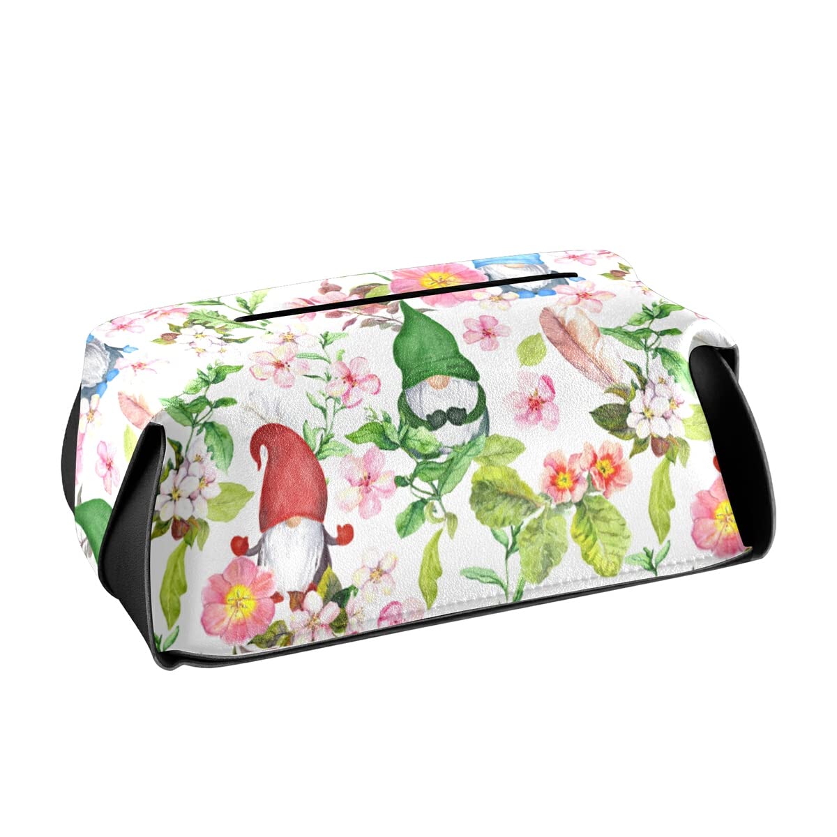 Decorative Leather Rectangular Tissue Box Cover with Cute Gnomes & Flowers - Tissue Dispenser Case for Hotel, Restaurant, Bedroom & Car Decor