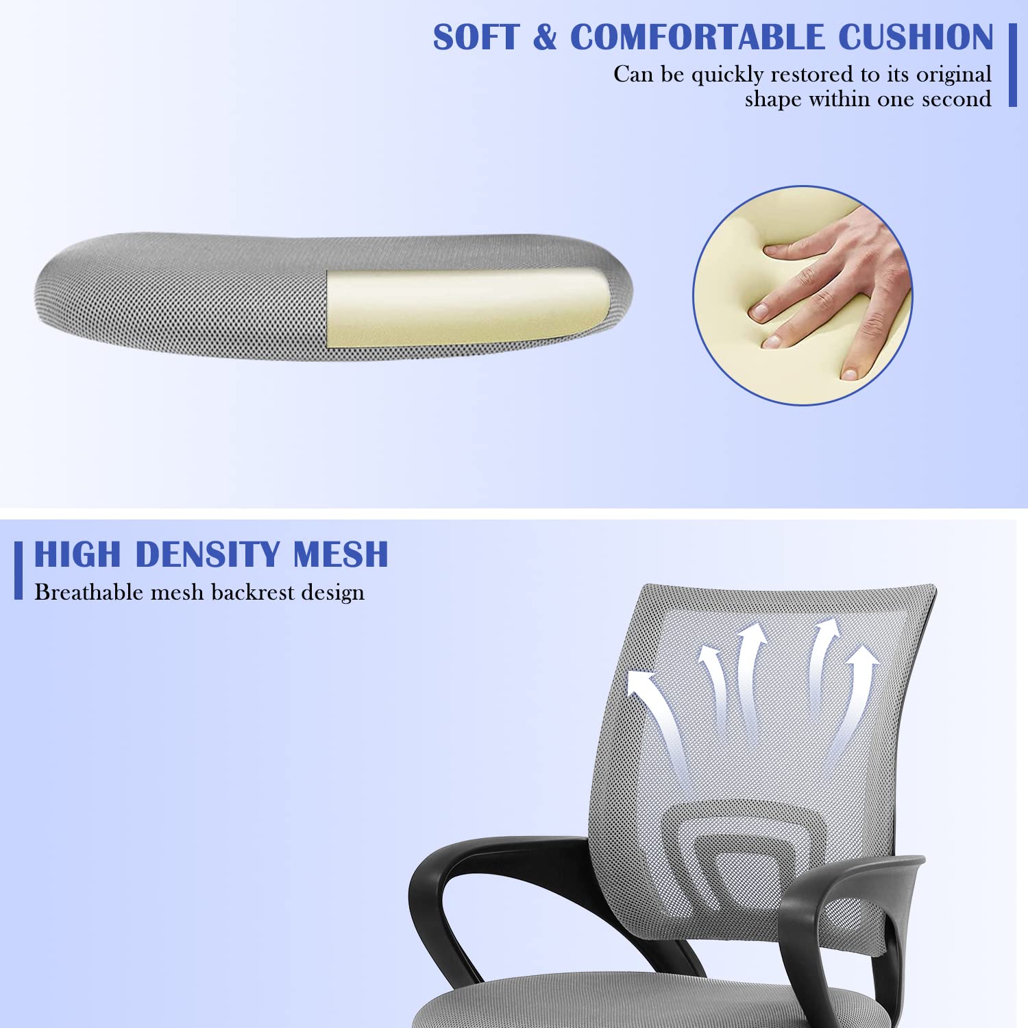 Ergonomic Office Chair with Mesh Back & Wheels - Adjustable Mid Back Computer Chair for Heavy People, Executive Swivel Desk Chair for Kids & Adults - Grey - Perfect for Home Office, Gaming & Study
