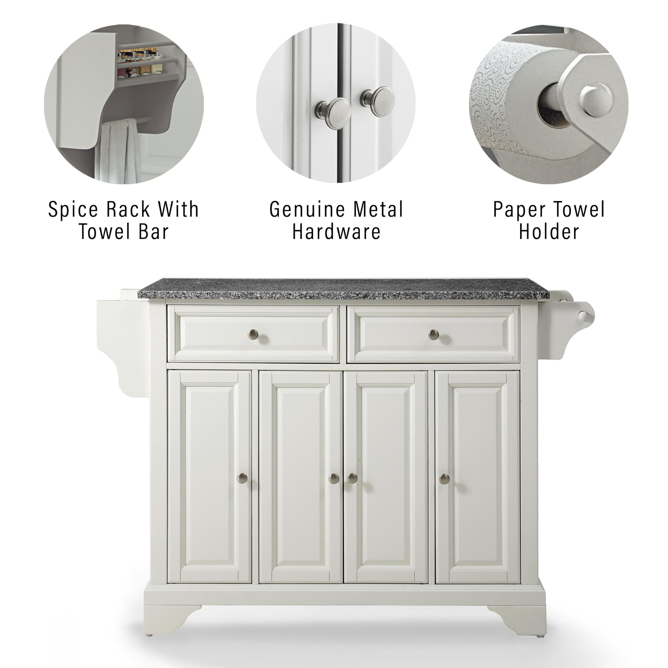 Crosley Lafayette Granite Top Rolling Kitchen Island Cart with Storage - Microwave Stand & Spice Rack, White | Perfect for Small Kitchens, Pantry Organization & Mobile Food Prep Station