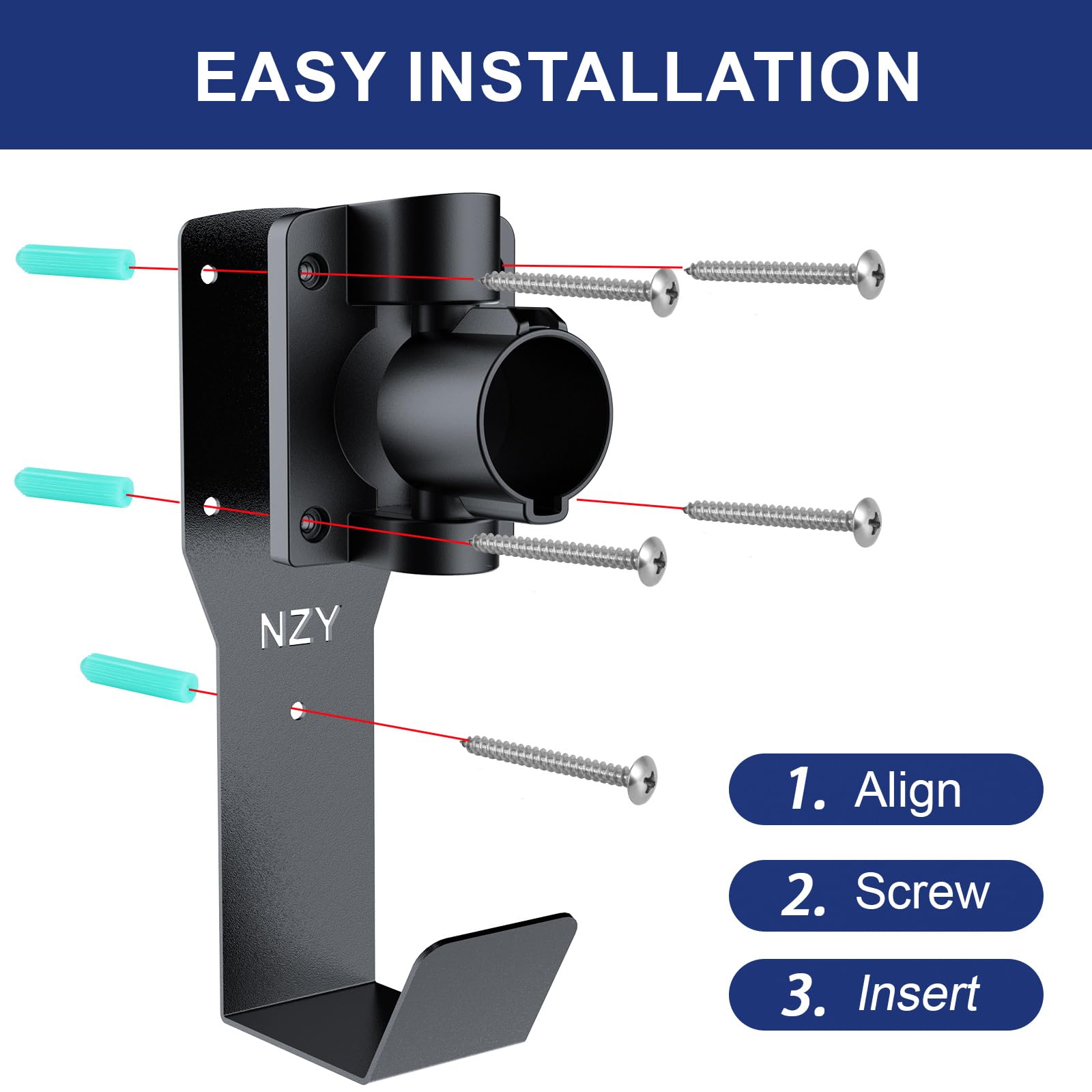 180° Rotating EV Charger Holder Wall Mount Kit - SAE J1772 Connector Holster Dock for Electric Vehicles - Indoor/Outdoor J-Hook Cable Organizer - Perfect for Home Garage & Public Charging Stations