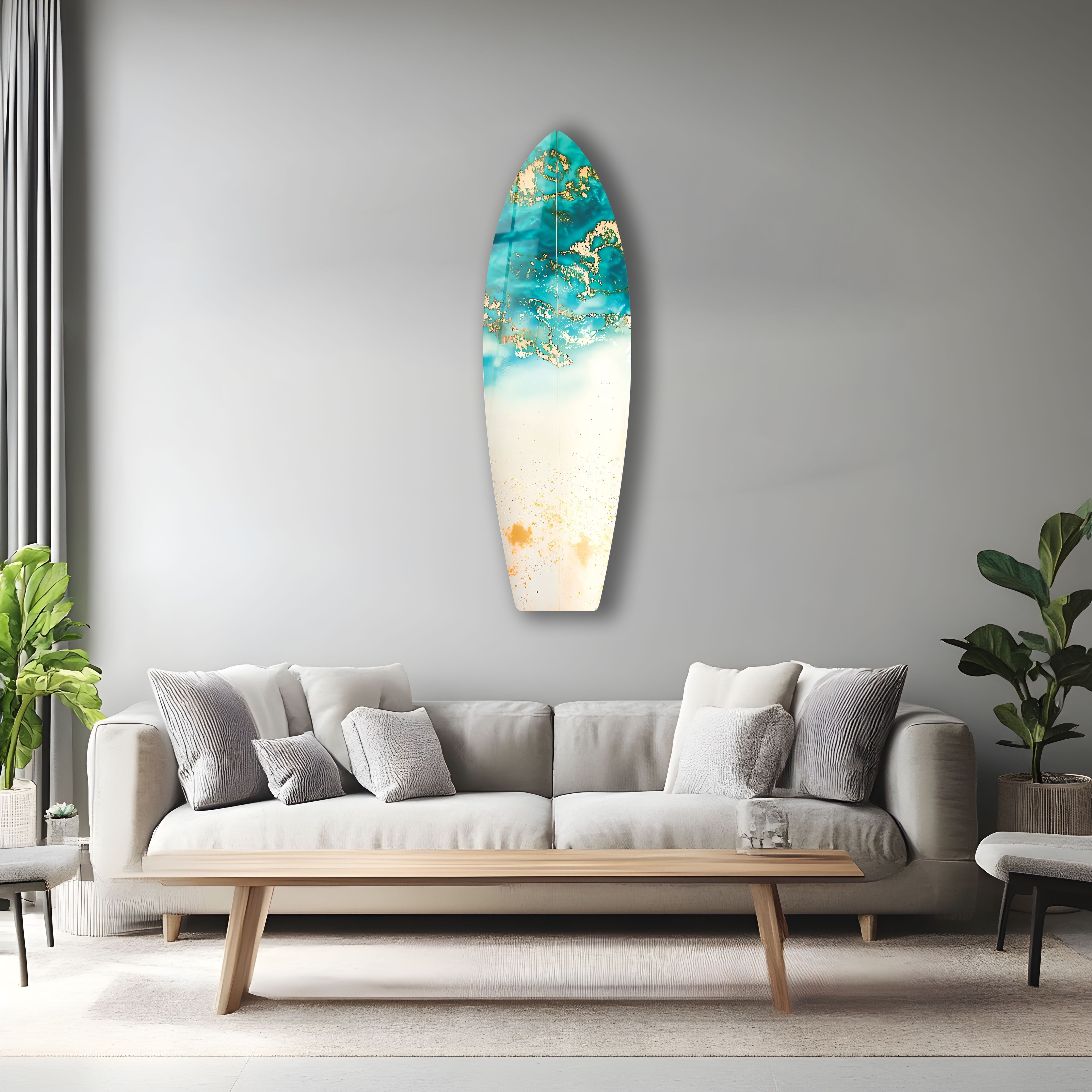 Blue Abstract Golden Details Surfboard Wall Art - Coastal Decor for Beach House, Living Room & Bedroom - Perfect Surfing Theme Home Decoration