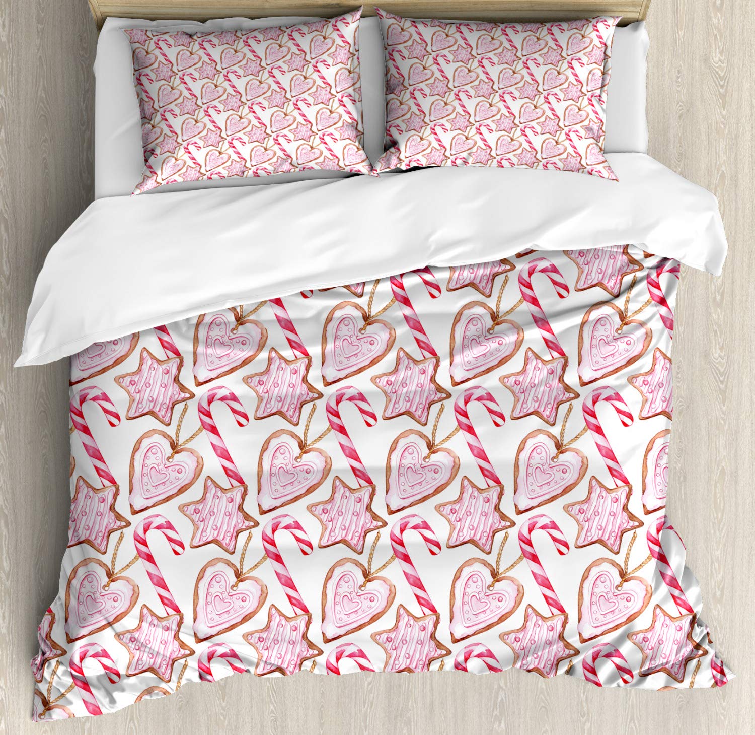 Ambesonne Candy Cane Duvet Cover Set - Watercolor Gingerbread Cookies & Christmas Sweets Design - 2 King Size Duvet Covers & 4 Pillowcases - Pale Pink Brown Pink Bedding - Perfect for Holiday Decor & Cozy Winter Nights