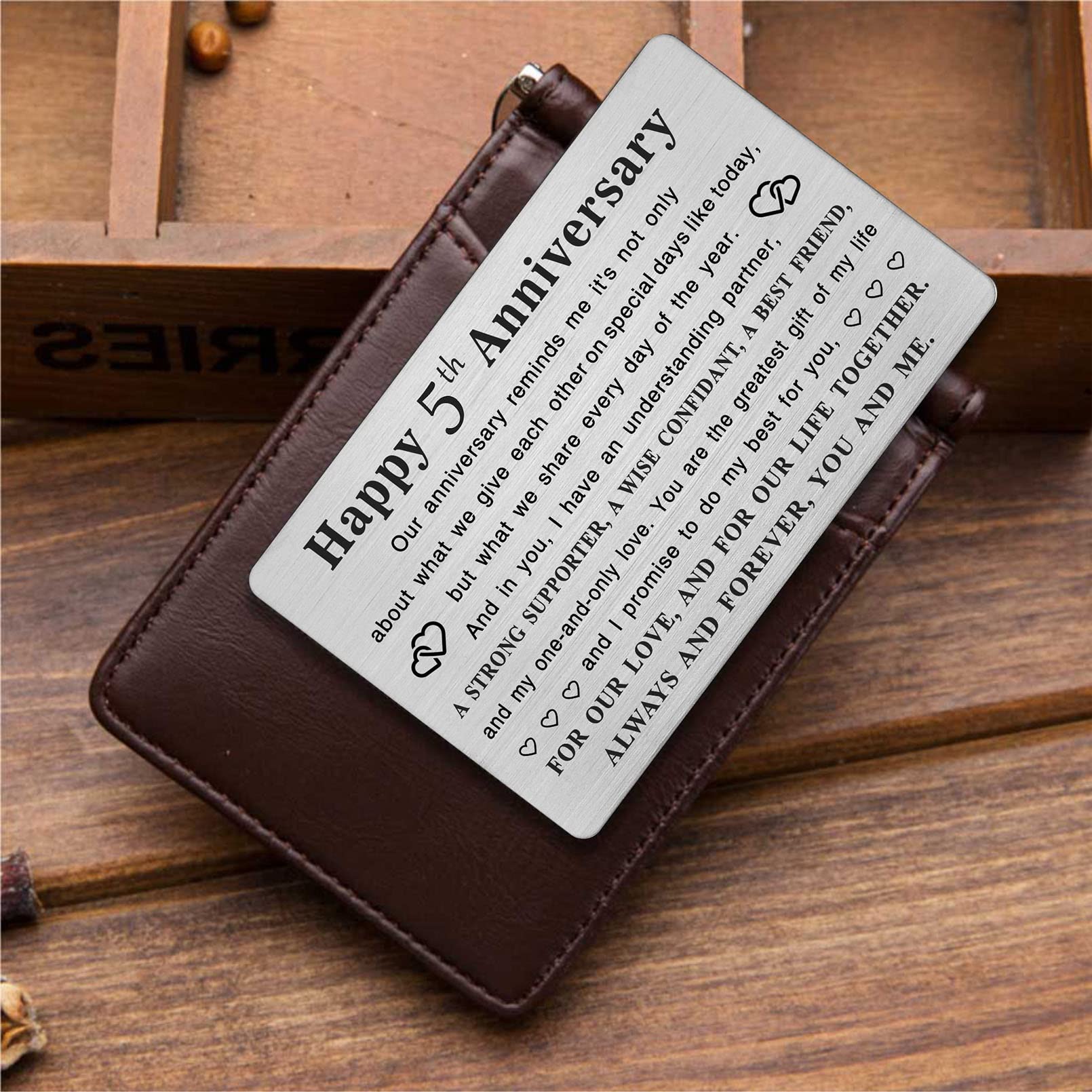 TGCNQ Metal Engraved 5 Year Anniversary Card - Elegant 5th Anniversary Gift for Husband, Wife, Couples - Romantic Wedding Anniversary Keepsake - Perfect for Home Decor, Gift Giving & Special Occasions